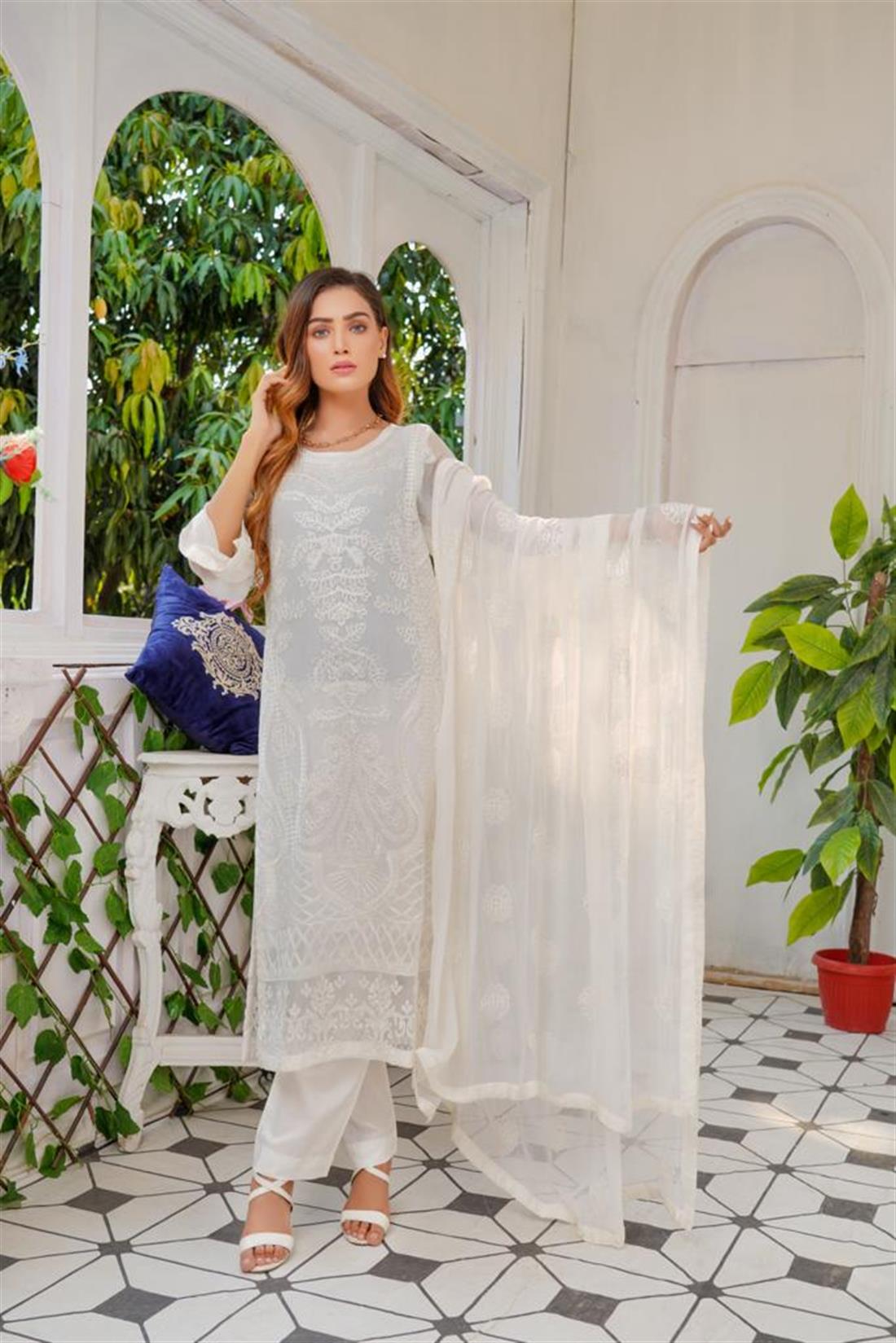 White Embroidered 3 Piece Chiffon Readymade Salwar Suit