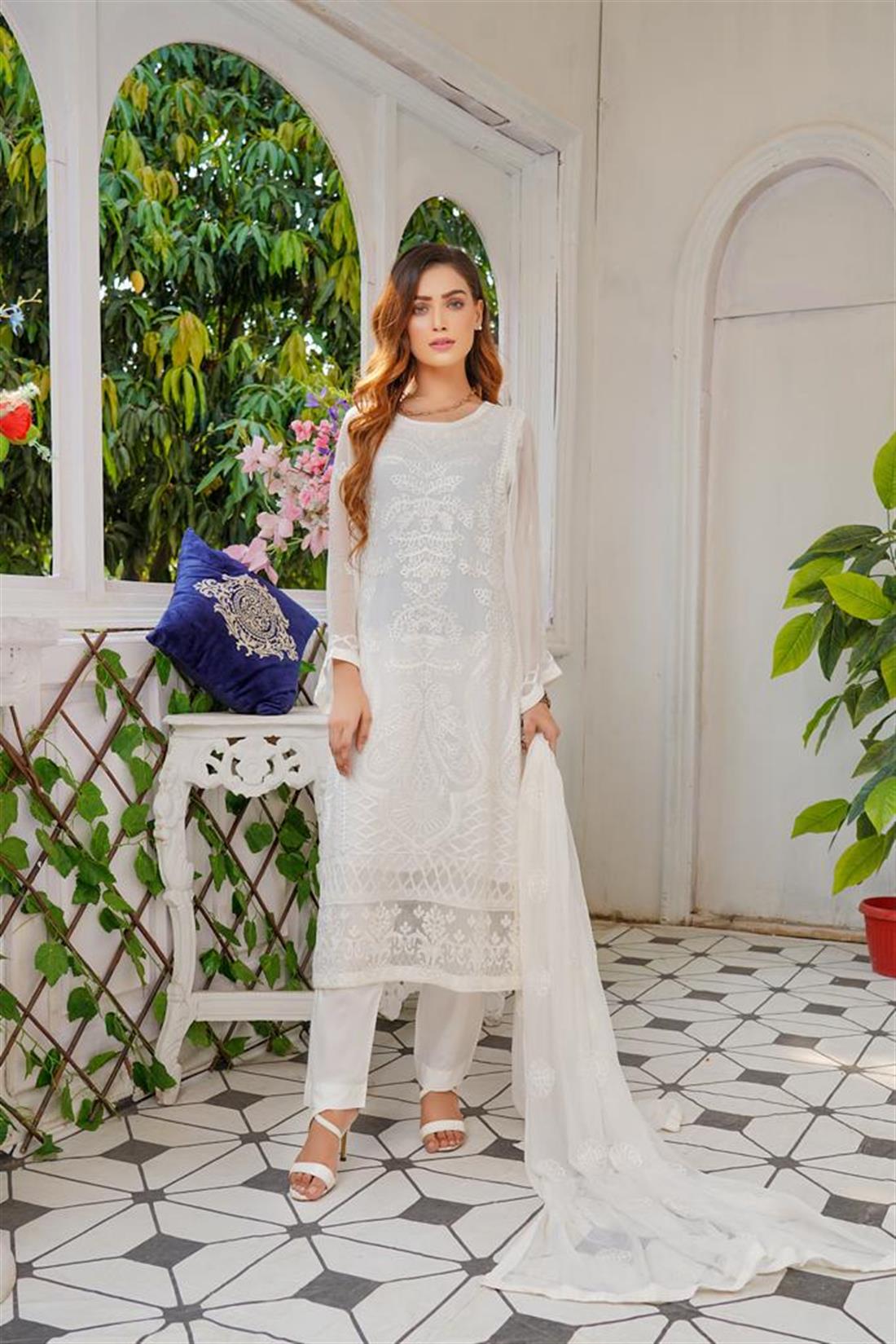 White Embroidered 3 Piece Chiffon Readymade Salwar Suit