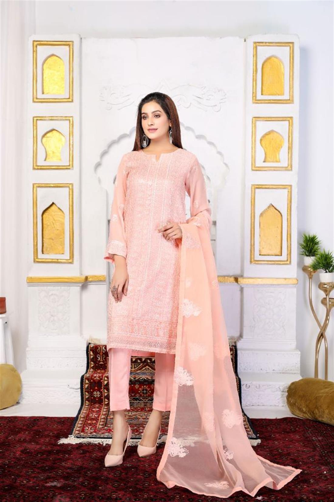 Pink Embroidered 3 Piece Chiffon Salwar Kameez with Dupatta