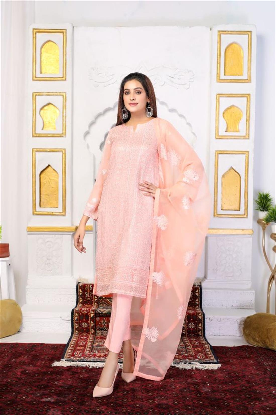 Pink Embroidered 3 Piece Chiffon Salwar Kameez with Dupatta