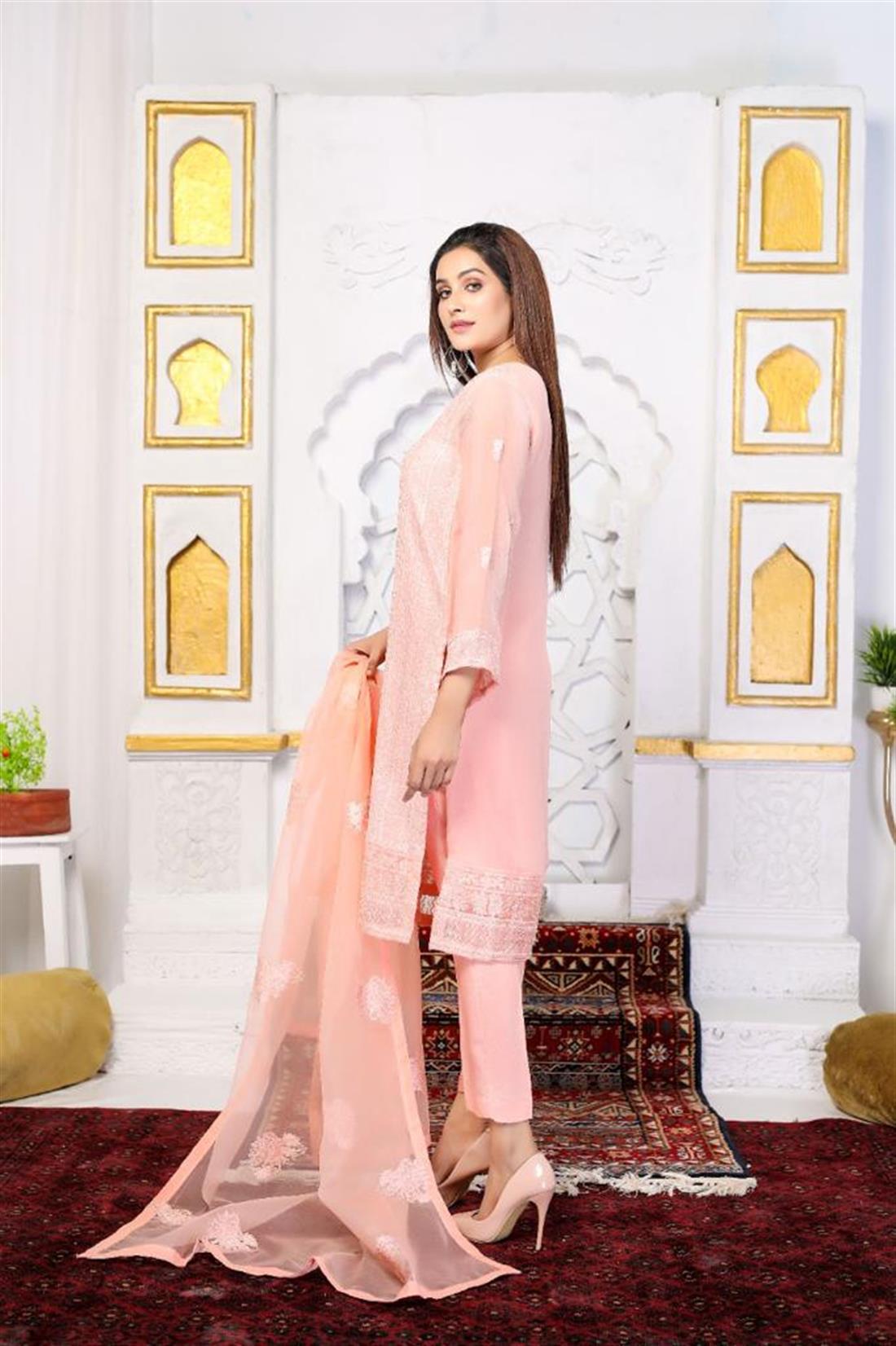 Pink Embroidered 3 Piece Chiffon Salwar Kameez with Dupatta