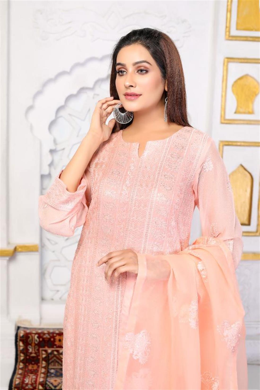 Pink Embroidered 3 Piece Chiffon Salwar Kameez with Dupatta