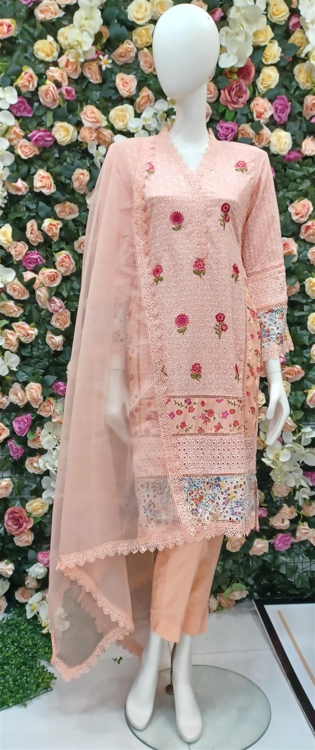 Peach Soft Cotton Chicken Shirt with Organza Dupatta