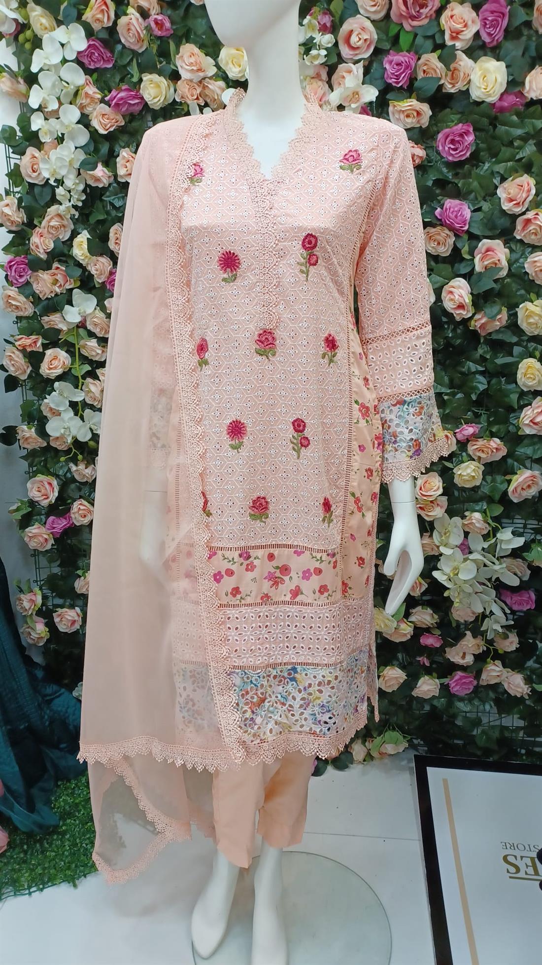 Peach Soft Cotton Chicken Shirt with Organza Dupatta