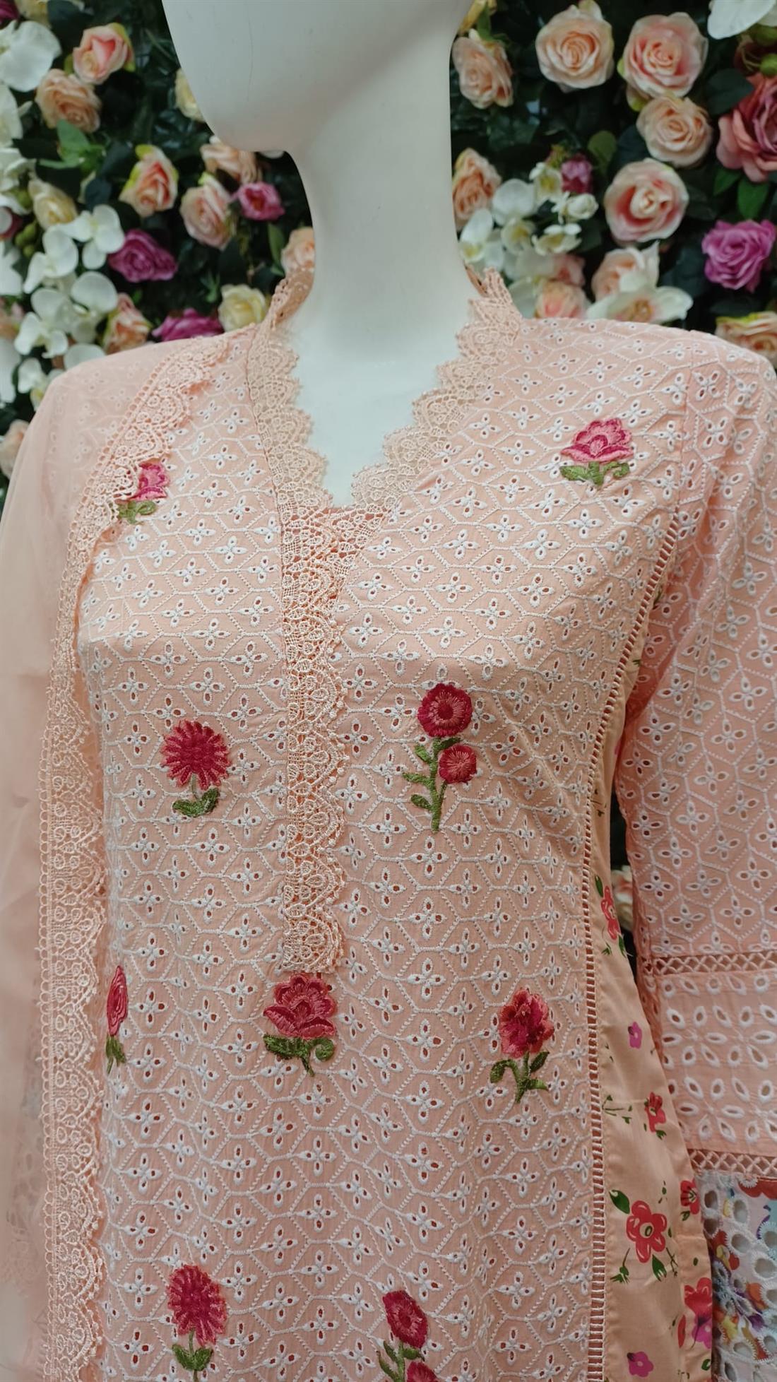 Peach Soft Cotton Chicken Shirt with Organza Dupatta