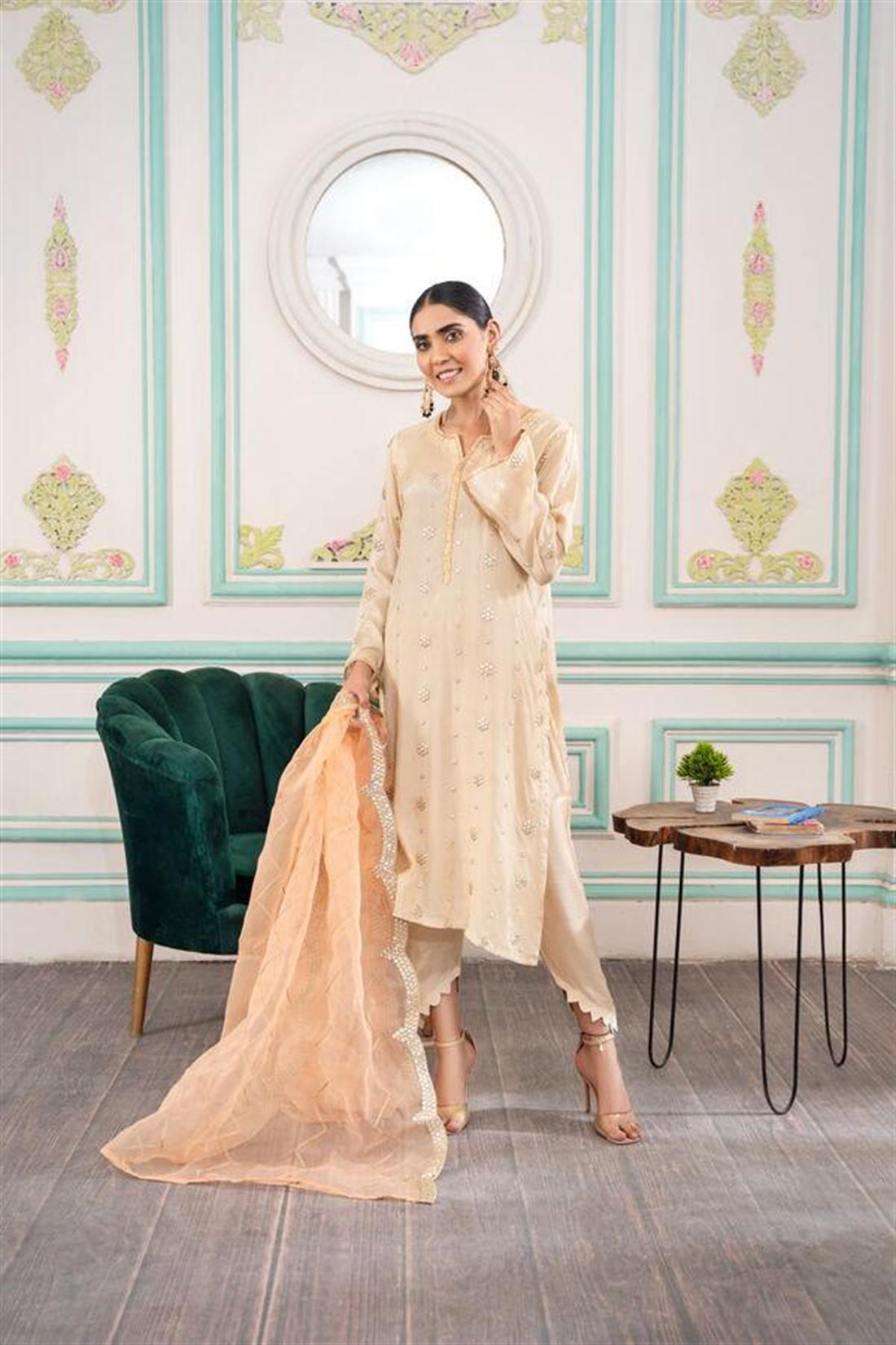Gold & Peach Embroidered Organza Zoya Collections