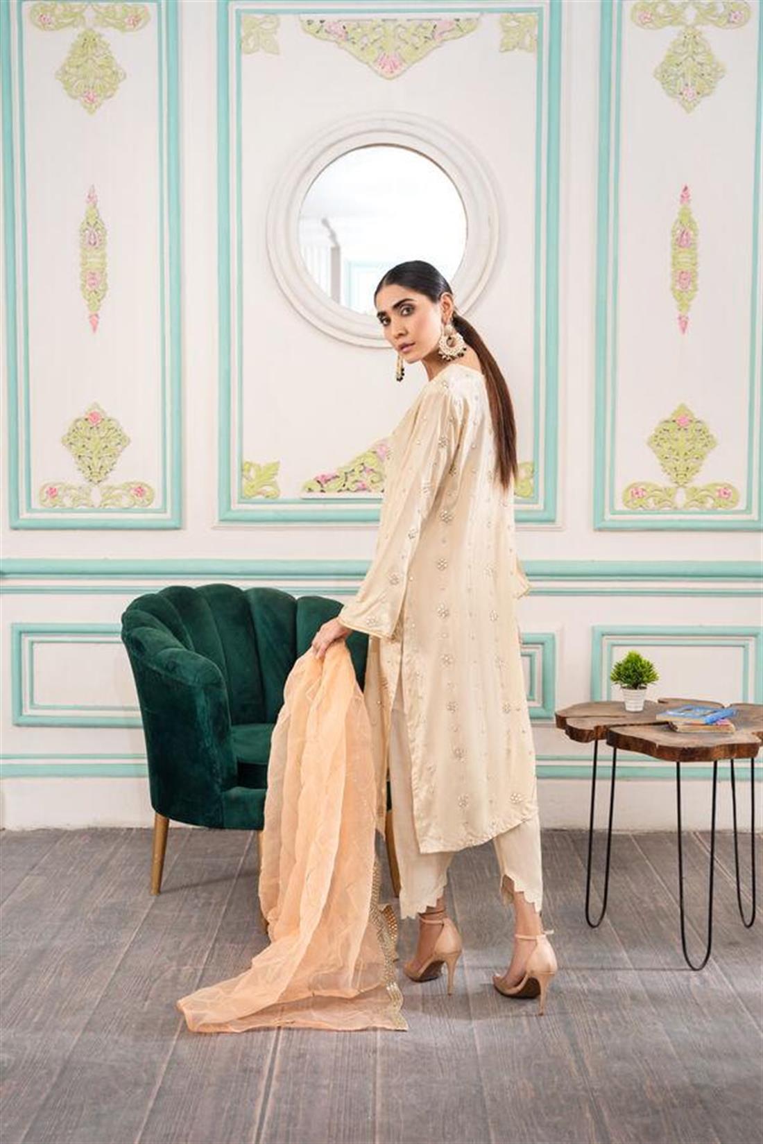 Gold & Peach Embroidered Organza Zoya Collections