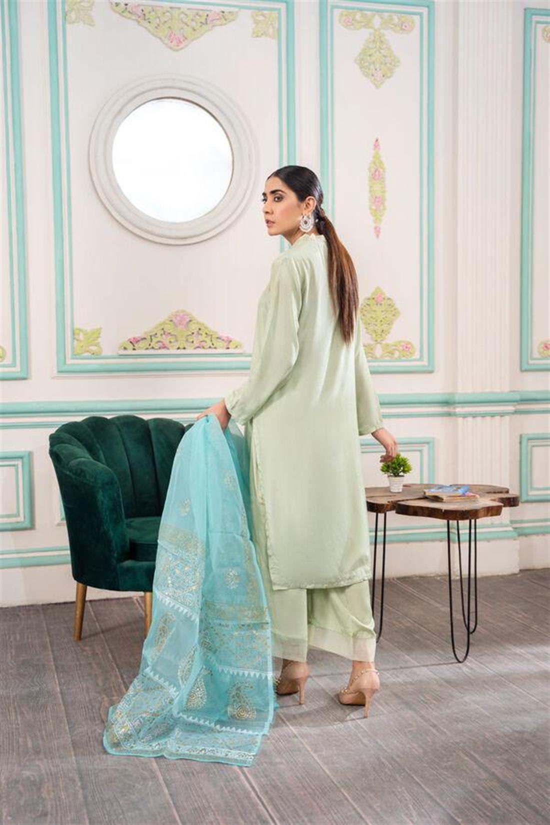 Mint & Turquoise Printed 3 Piece Cotton Silk Salwar Kameez with Dupatta