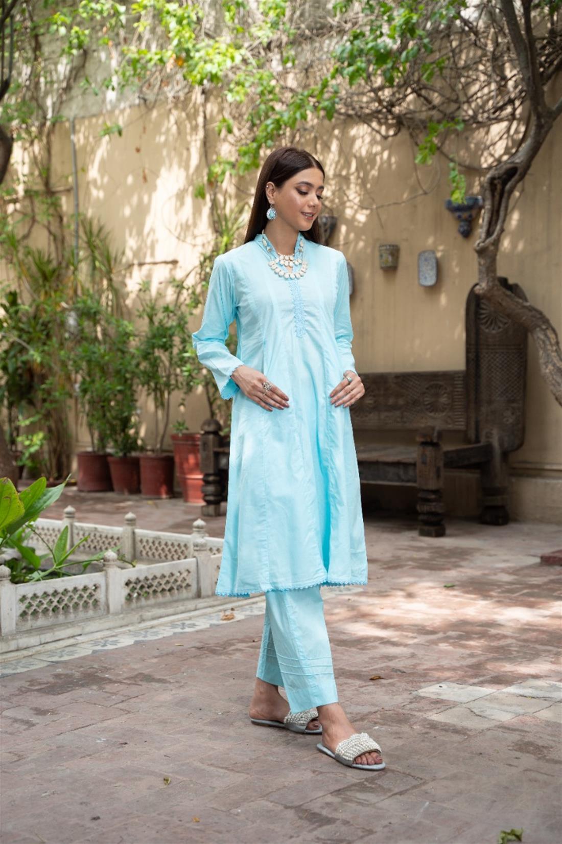 Sky Blue Casual Soft Cotton Salwar Suit with Crochet Lace