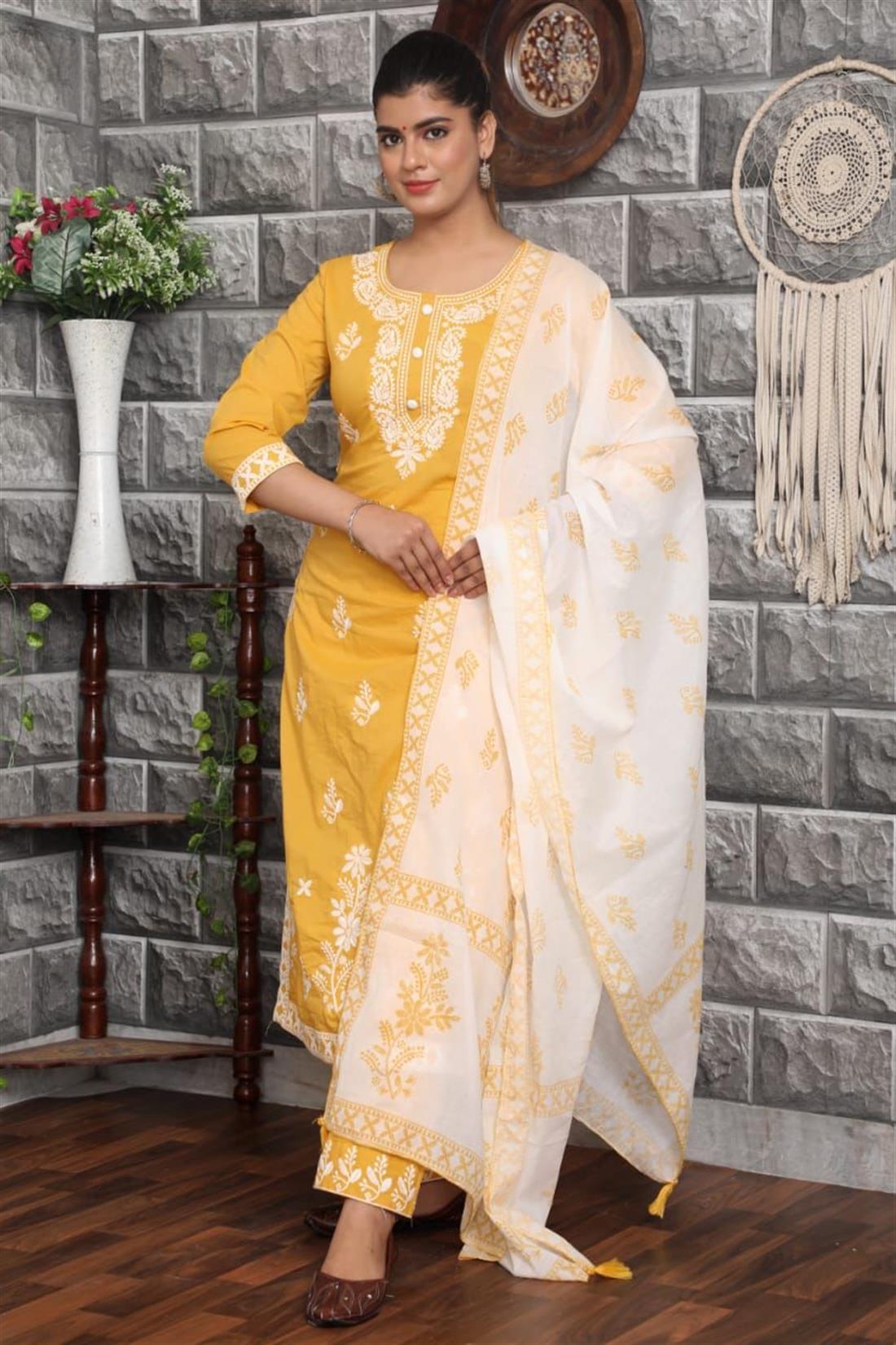 Mustard & White 3 Piece Cotton Suit with Thread Embroidery Work