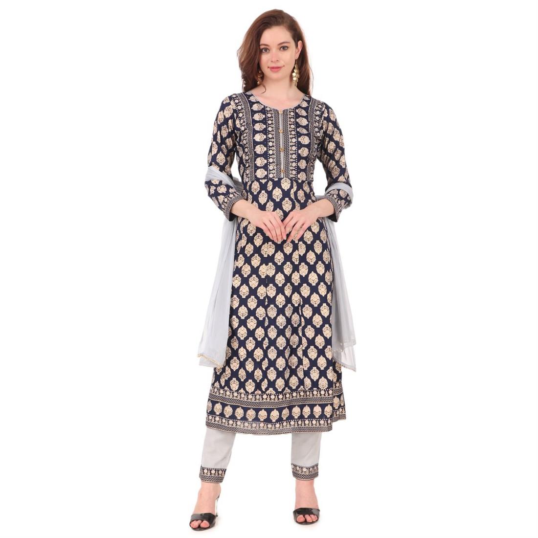 Navy & Grey Rayon 3 Piece Readymade Suit with Gharara