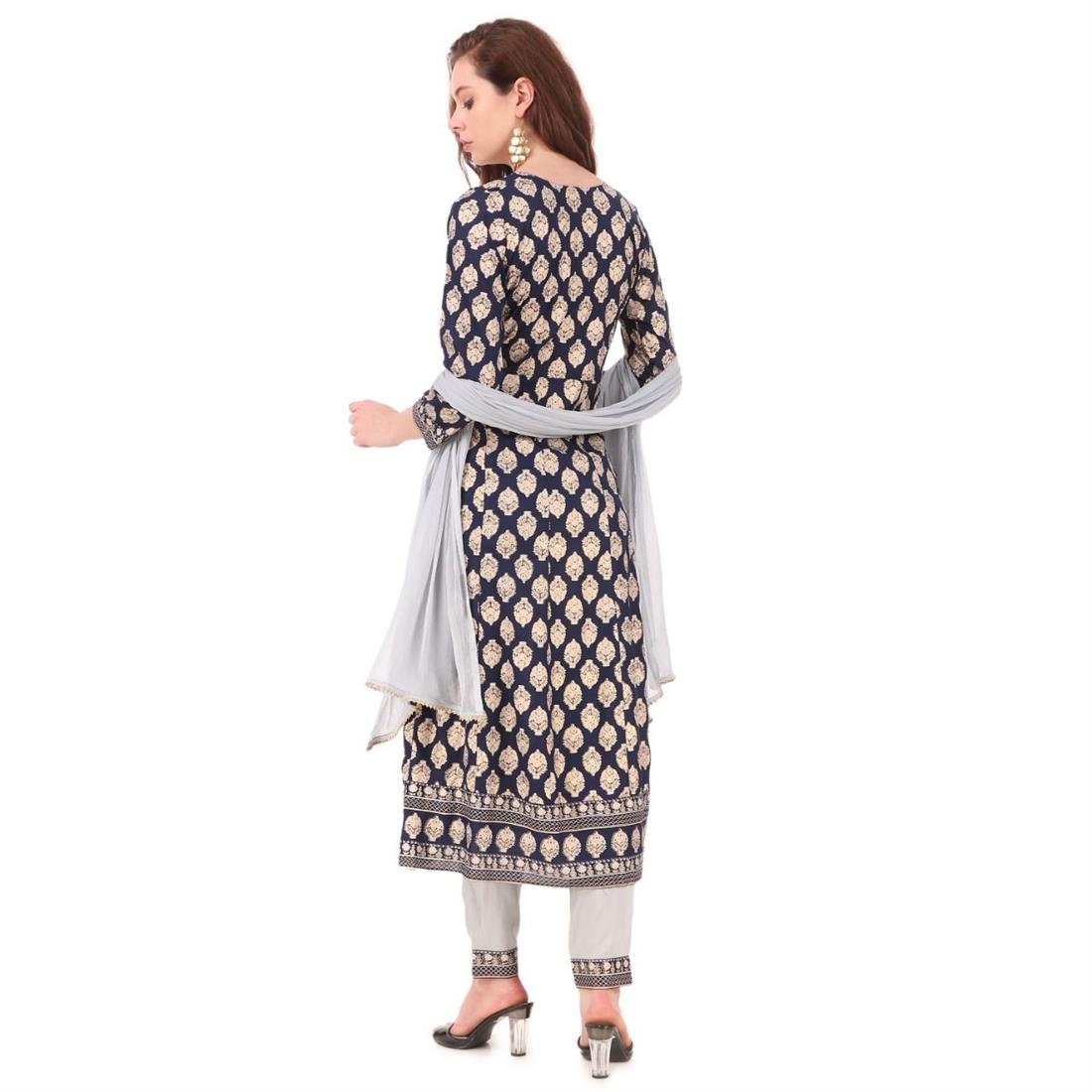 Navy & Grey Rayon 3 Piece Readymade Suit with Gharara
