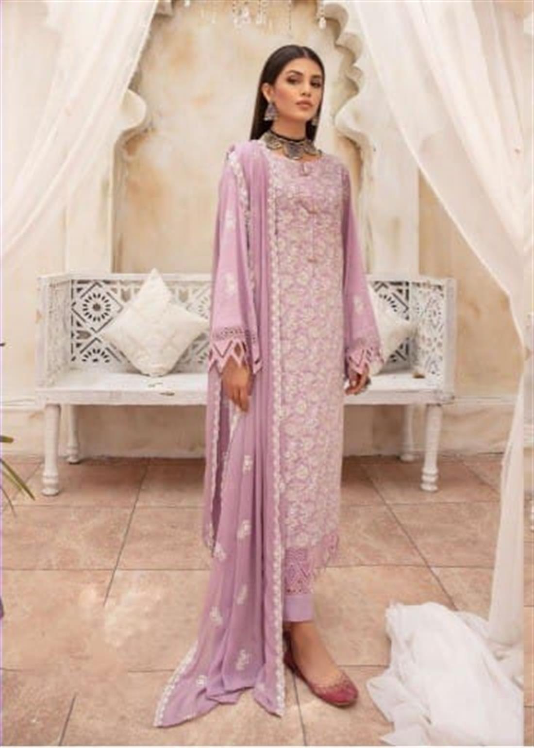 Lilac 3 Piece Cotton Suite with Thread Embroidery Work