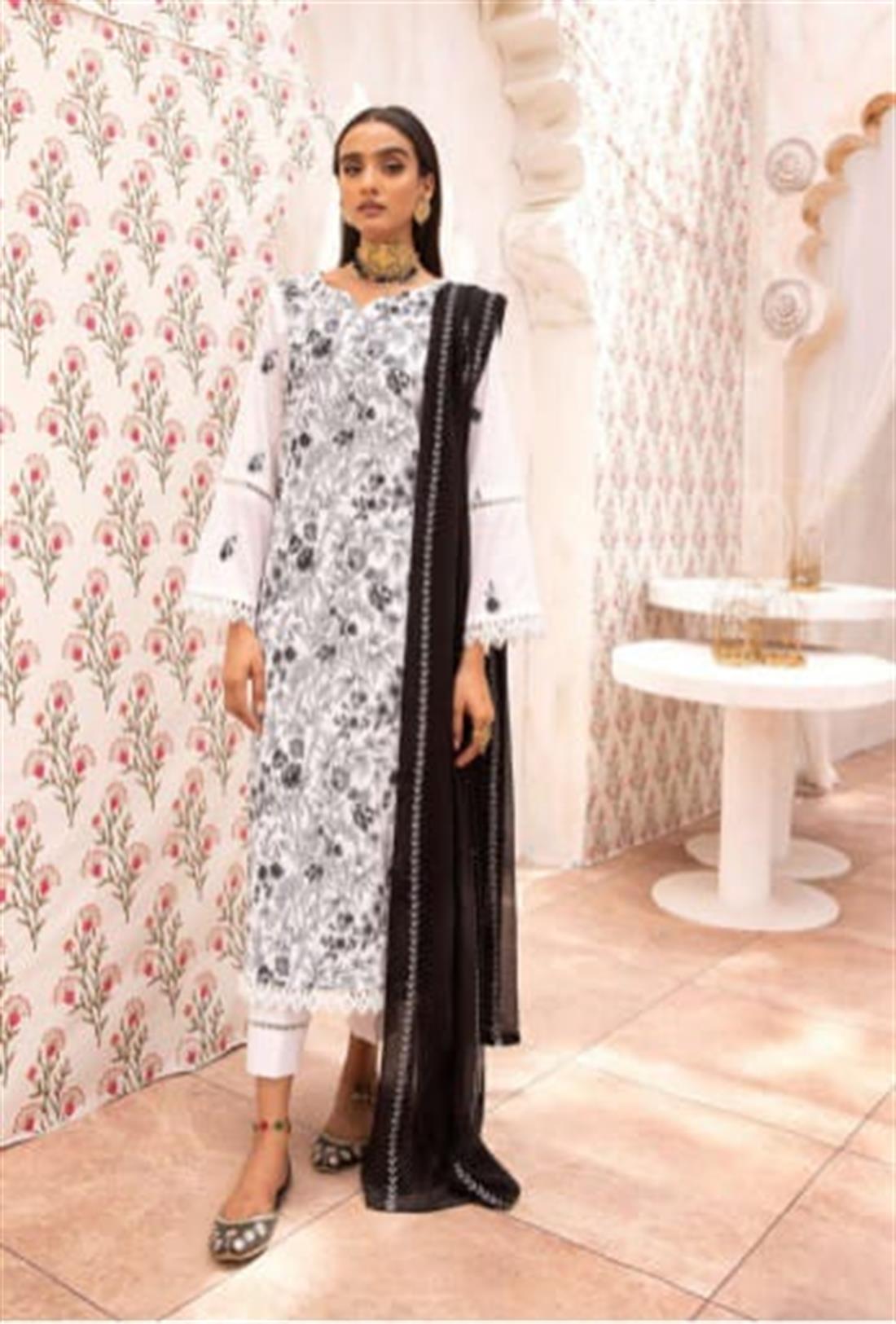 White & Black Embroidered Cotton 3 Piece Readymade Salwar Kameez with Dupatta