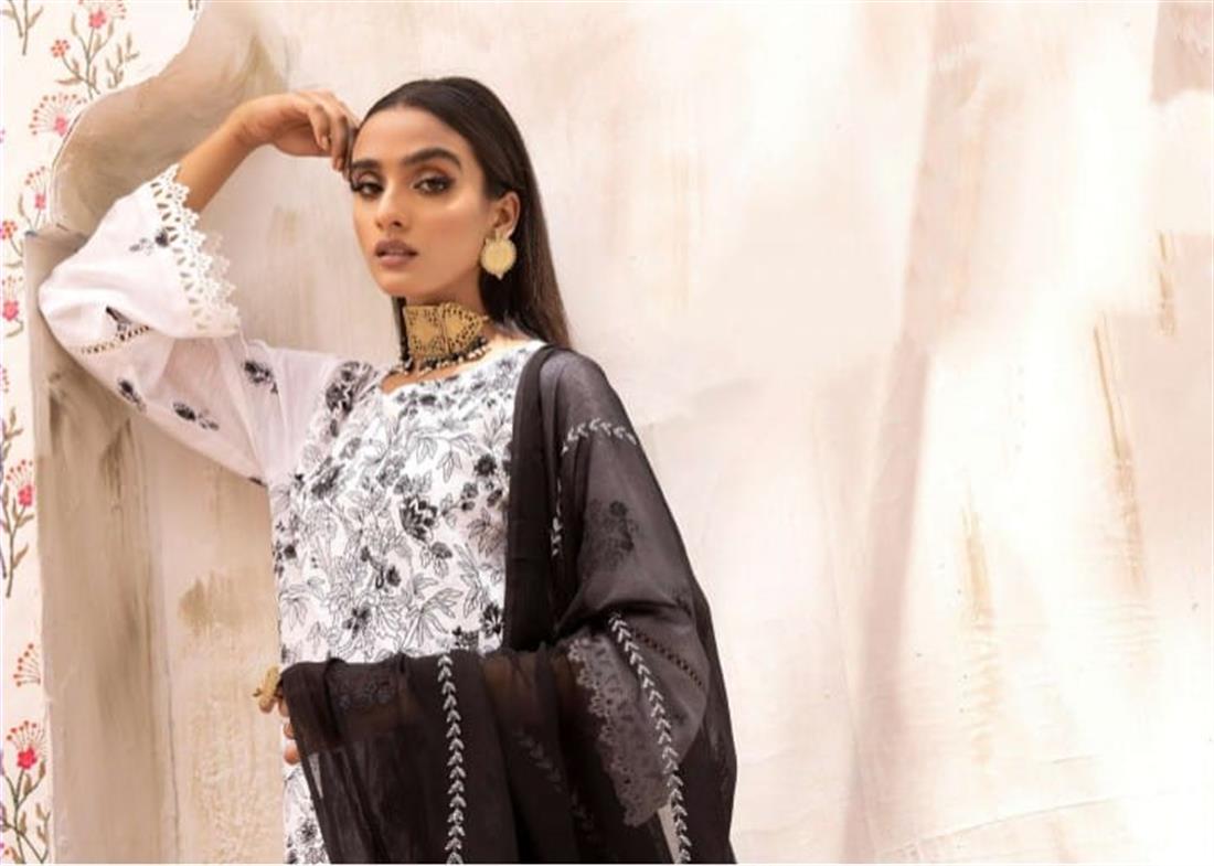 White & Black Embroidered Cotton 3 Piece Readymade Salwar Kameez with Dupatta
