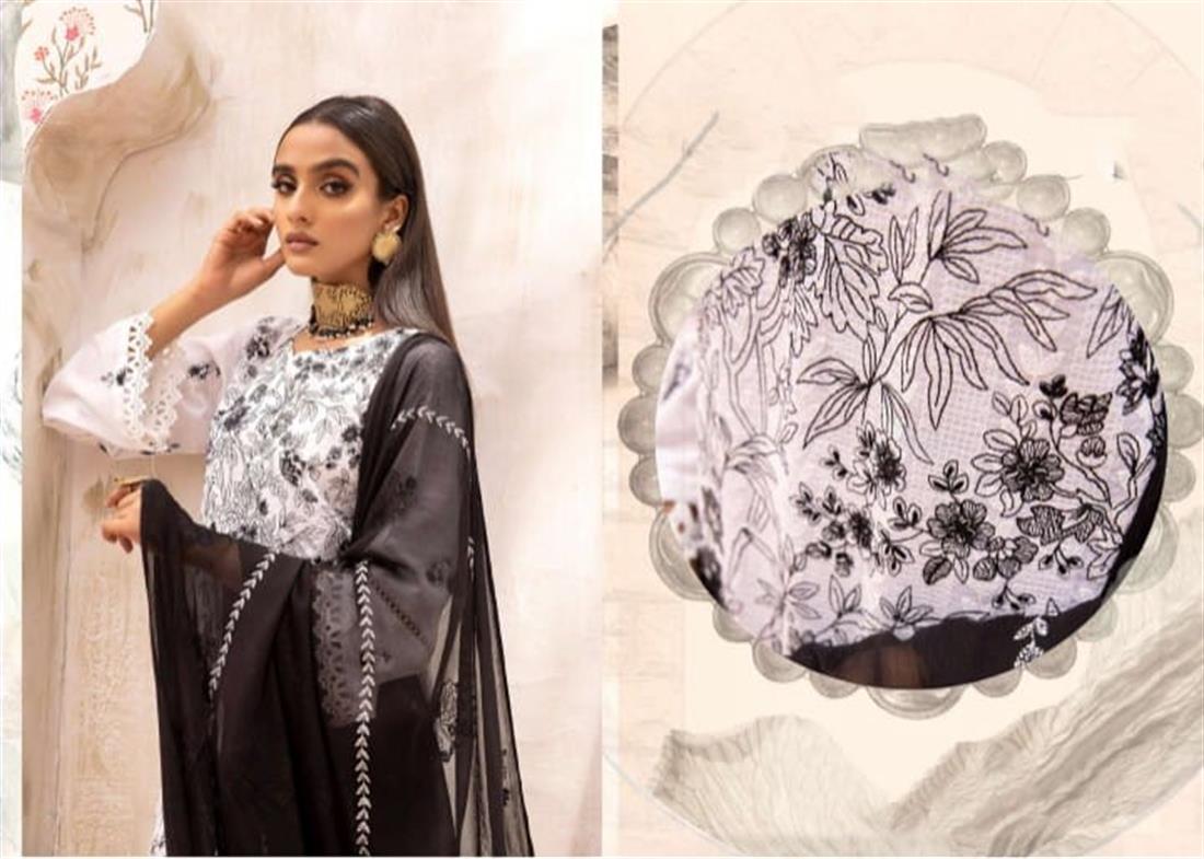 White & Black Embroidered Cotton 3 Piece Readymade Salwar Kameez with Dupatta