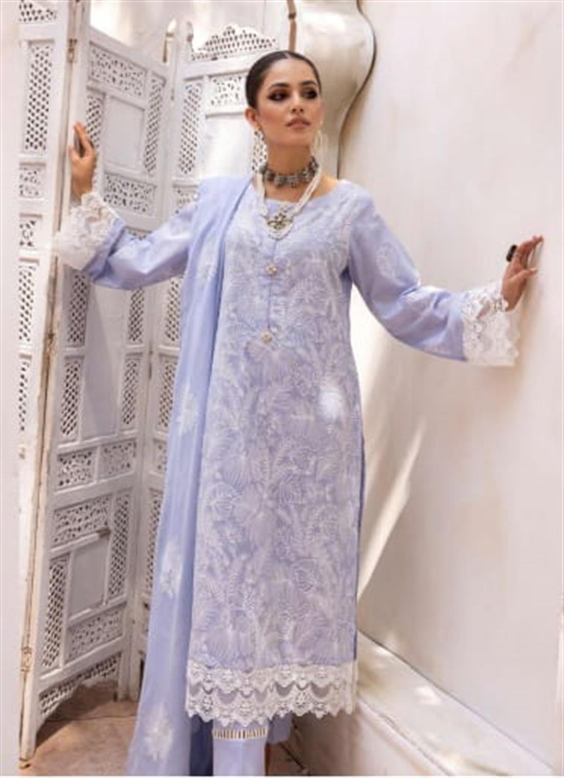 Baby Blue 3 Piece Cotton Salwar Suit with Embroidery Work