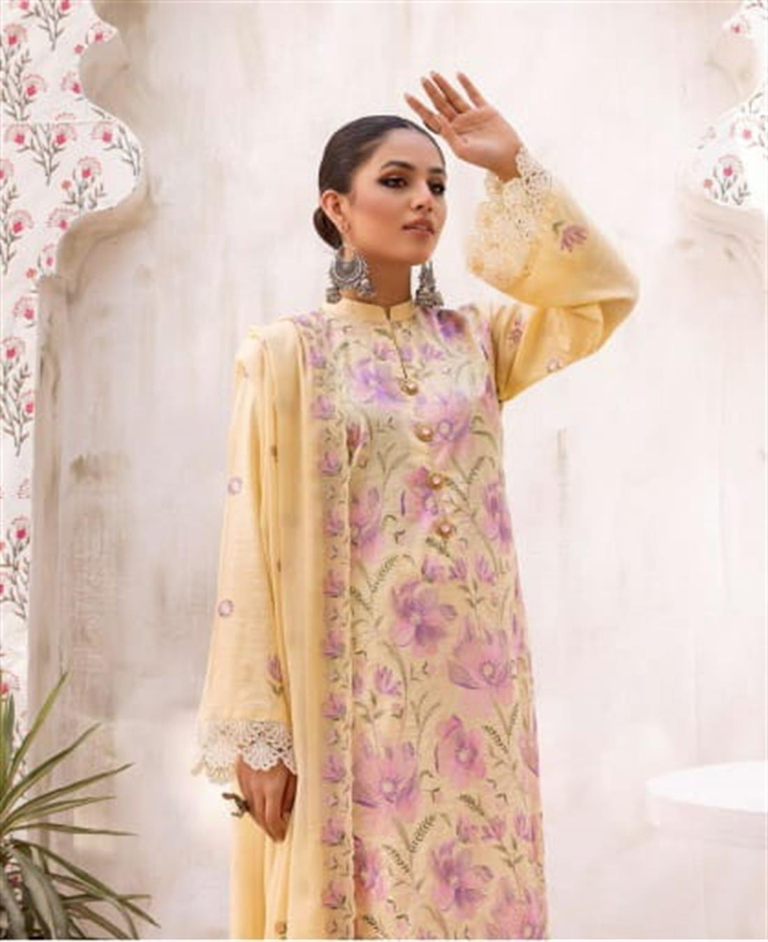 Beige Cotton 3 Piece Readymade Embroidered Salwar Kameez