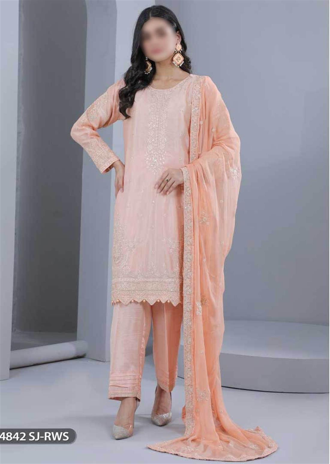 Peach Embroidered Raw Silk Ladies Readymade