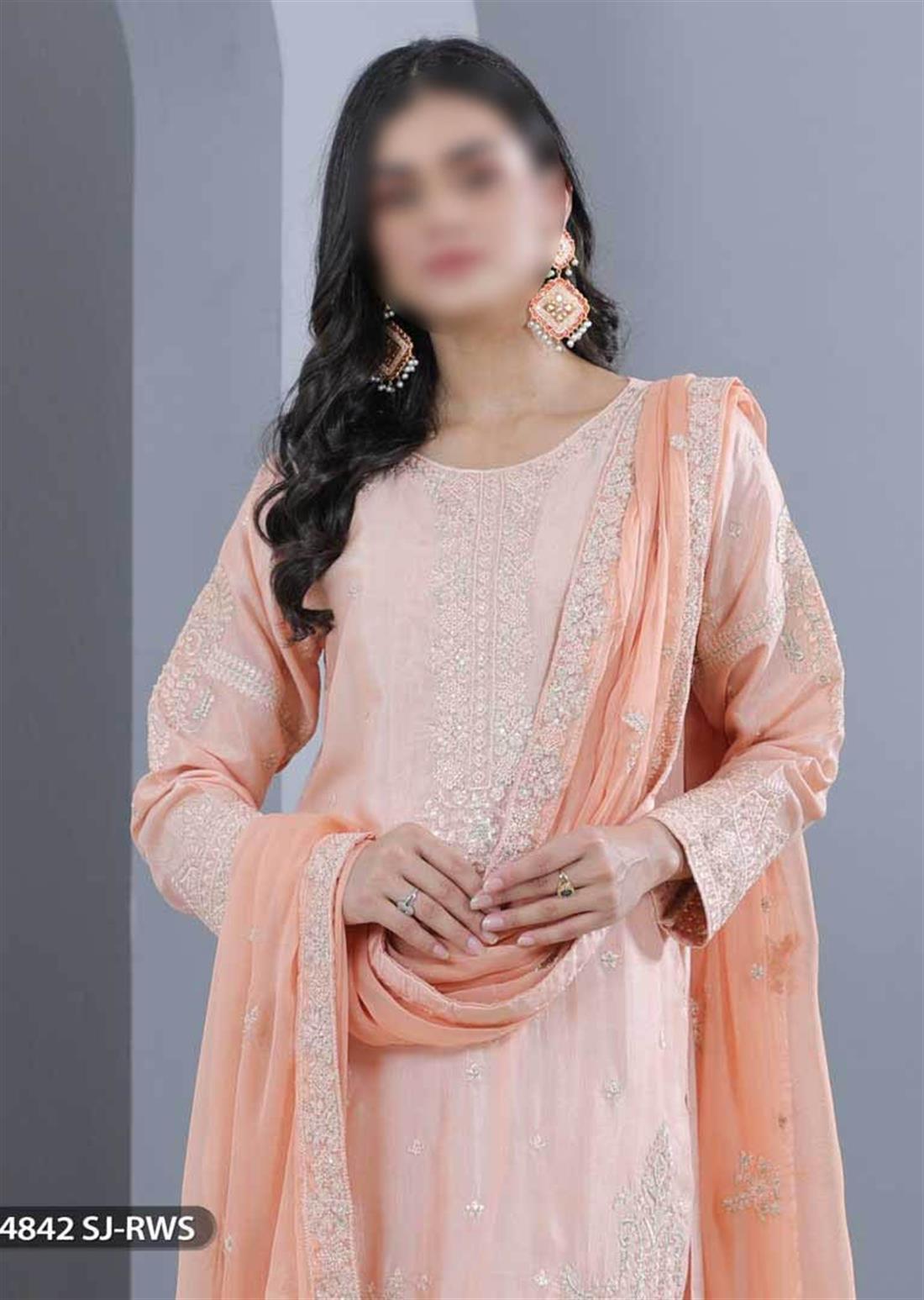 Peach Embroidered Raw Silk Ladies Readymade