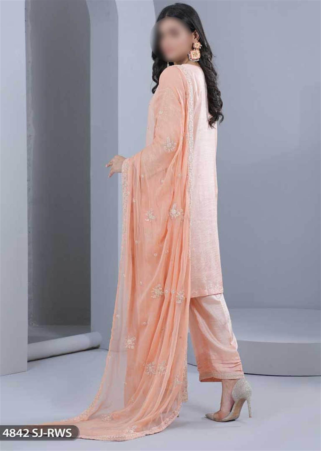 Peach Embroidered Raw Silk Ladies Readymade