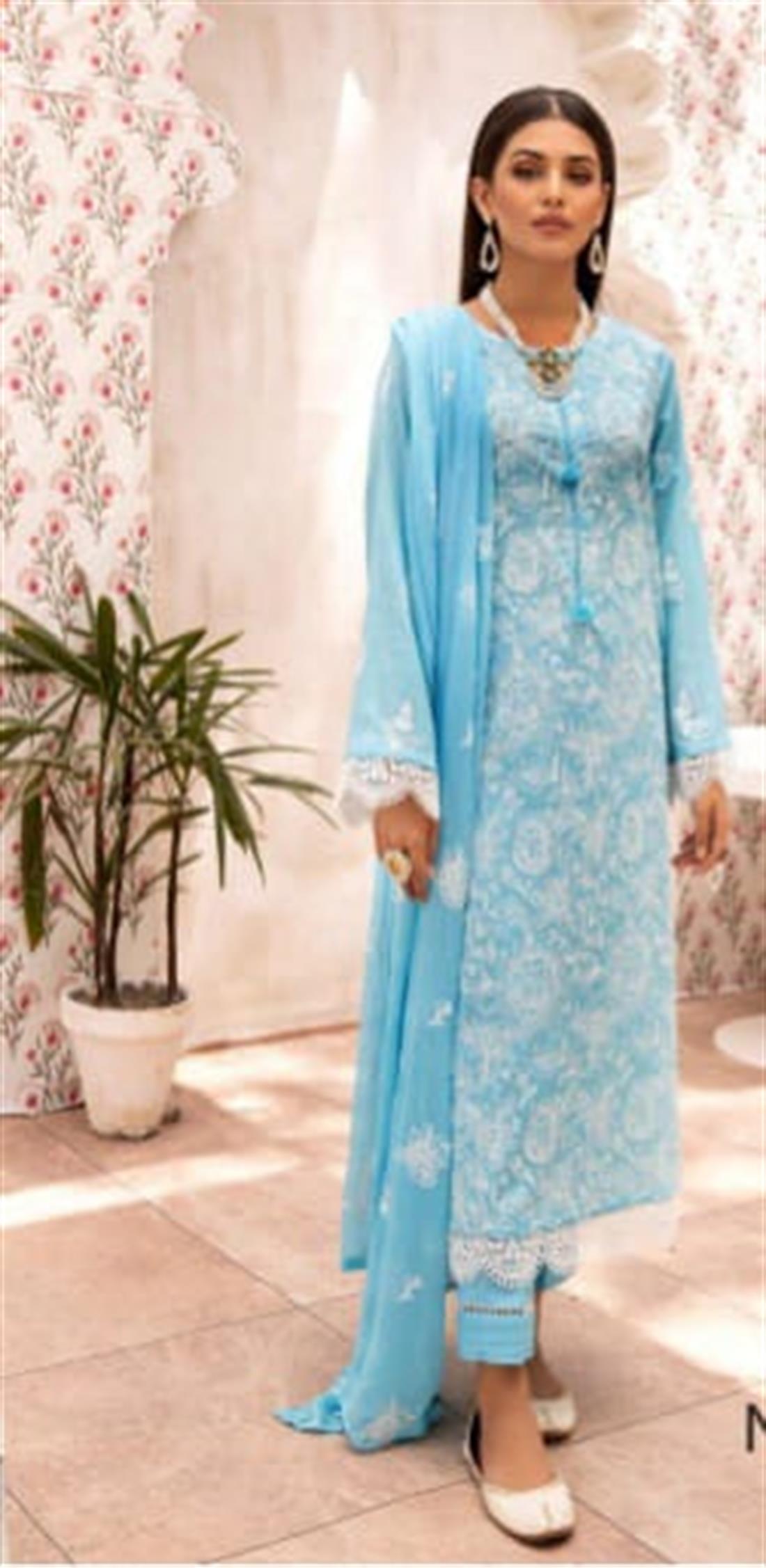 Blue Cotton 3 Piece Readymade Embroidered Salwar Suit