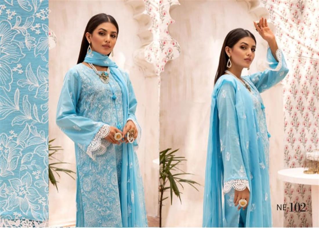 Blue Cotton 3 Piece Readymade Embroidered Salwar Suit