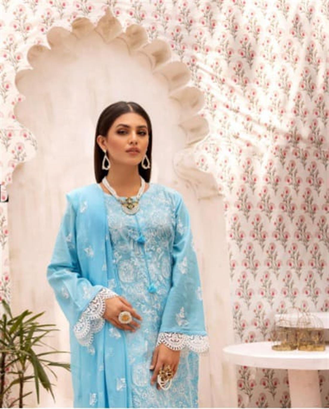 Blue Cotton 3 Piece Readymade Embroidered Salwar Suit