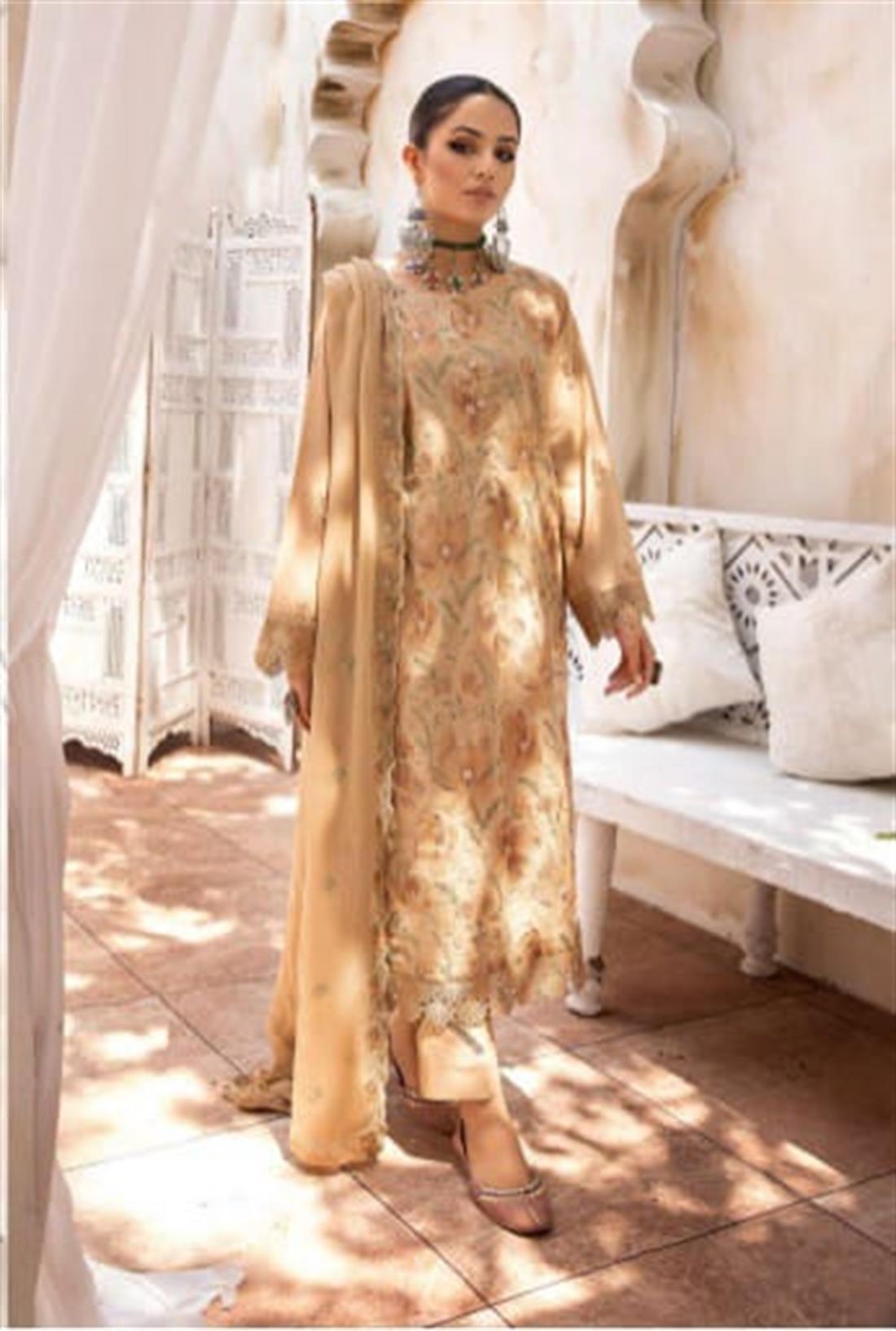 Brown Cotton 3 Piece Readymade Embroidered Salwar Kameez