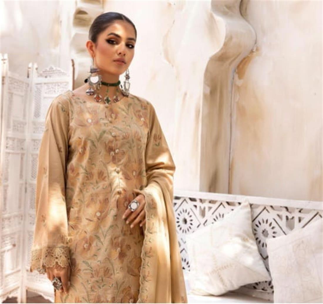 Brown Cotton 3 Piece Readymade Embroidered Salwar Kameez