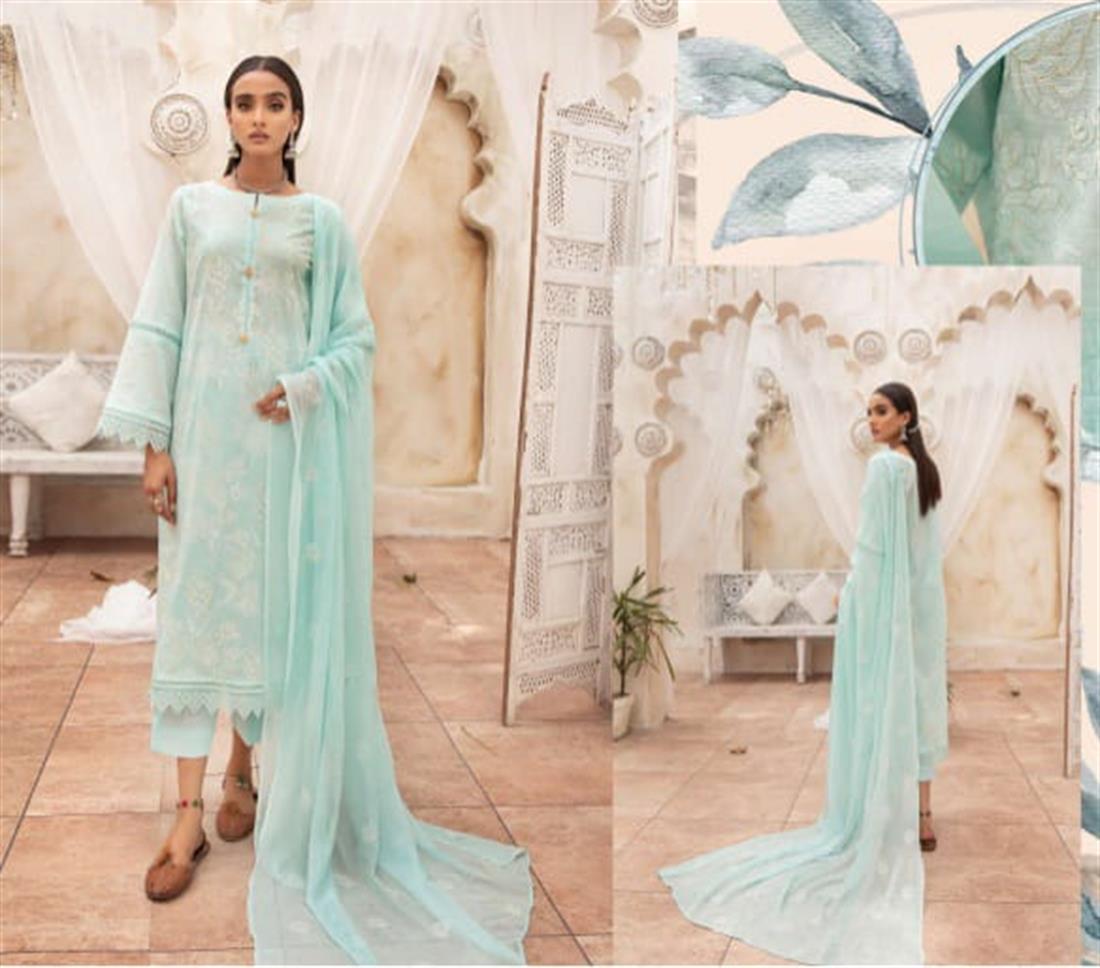 Aqua Blue Embroidered 3 Piece Readymade Cotton Salwar Kameez