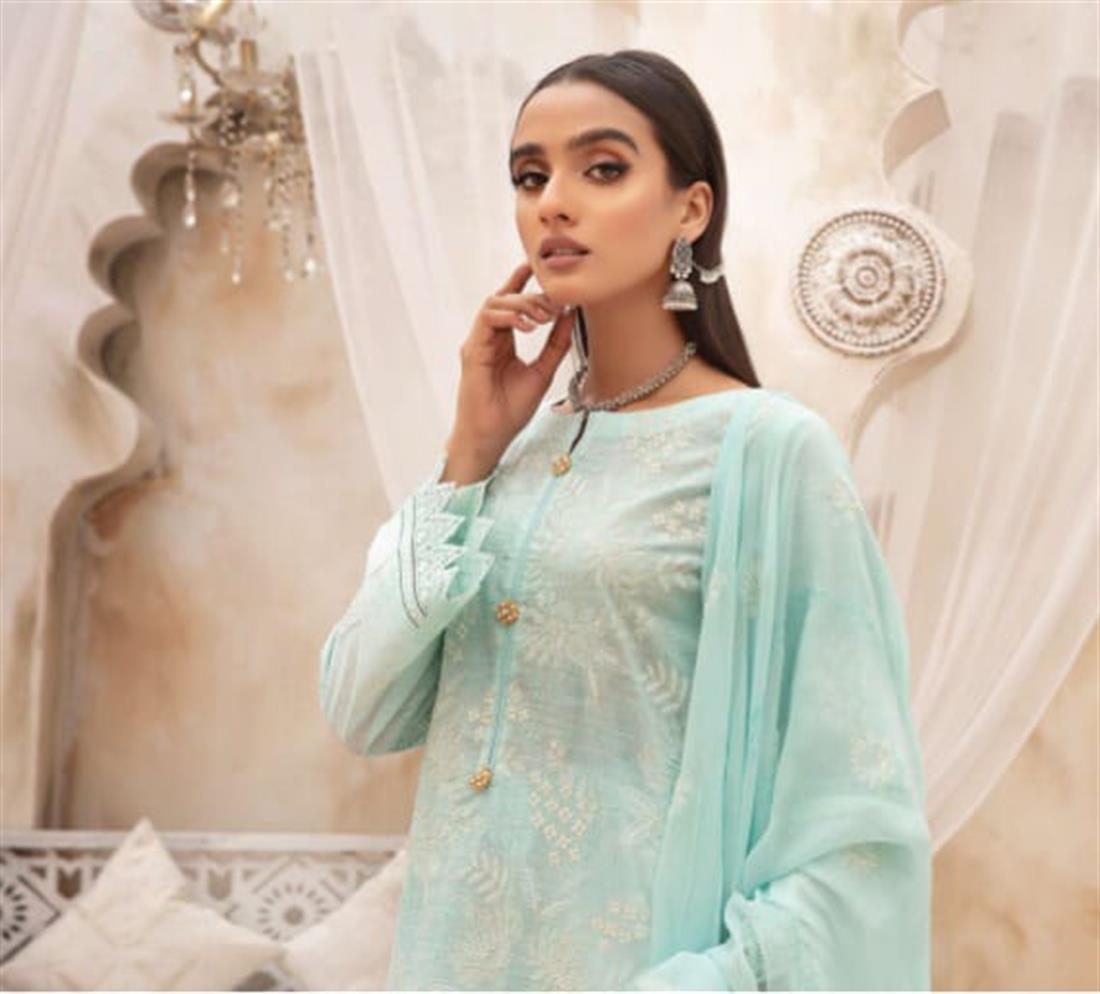 Aqua Blue Embroidered 3 Piece Readymade Cotton Salwar Kameez