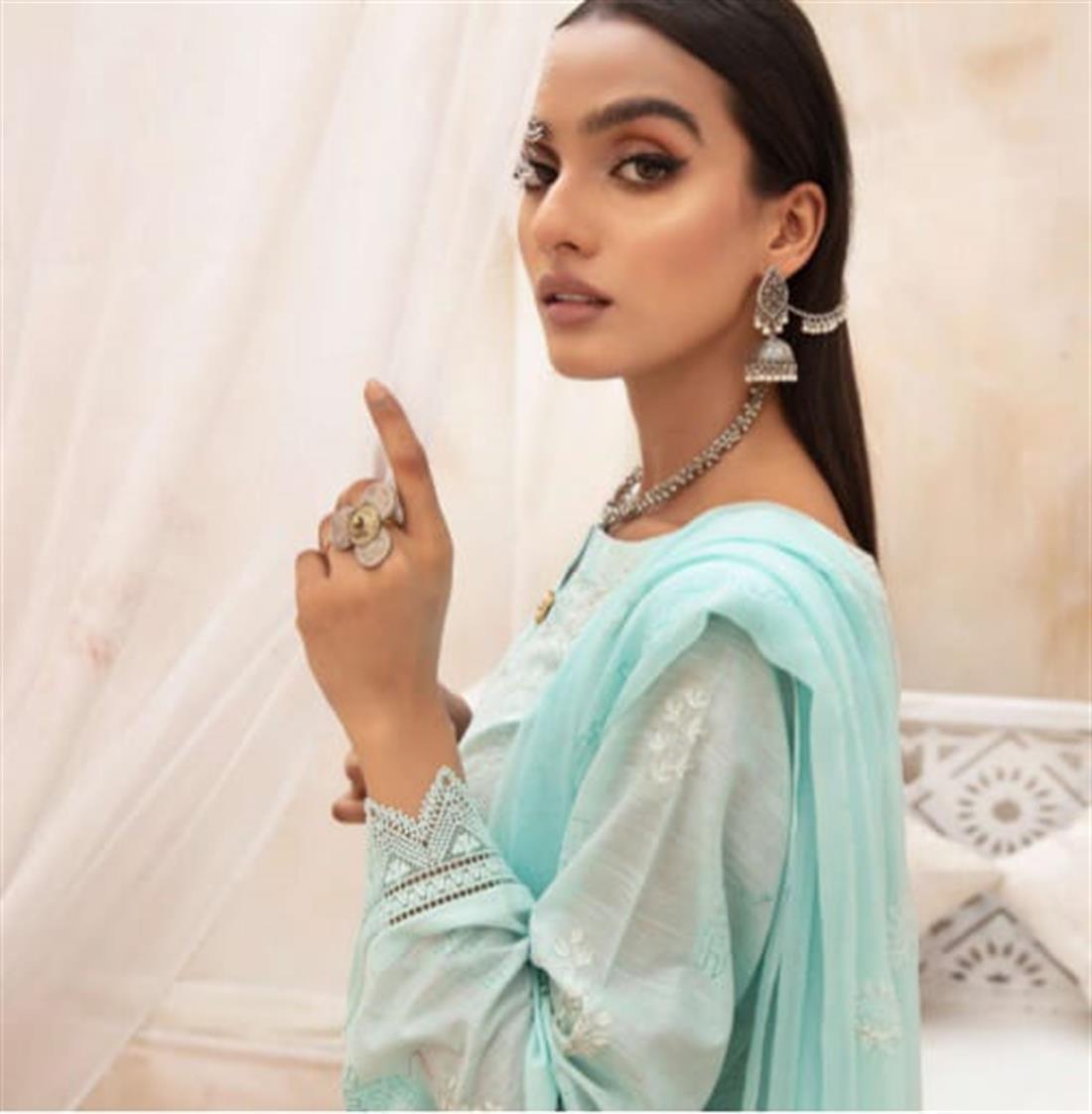 Aqua Blue Embroidered 3 Piece Readymade Cotton Salwar Kameez