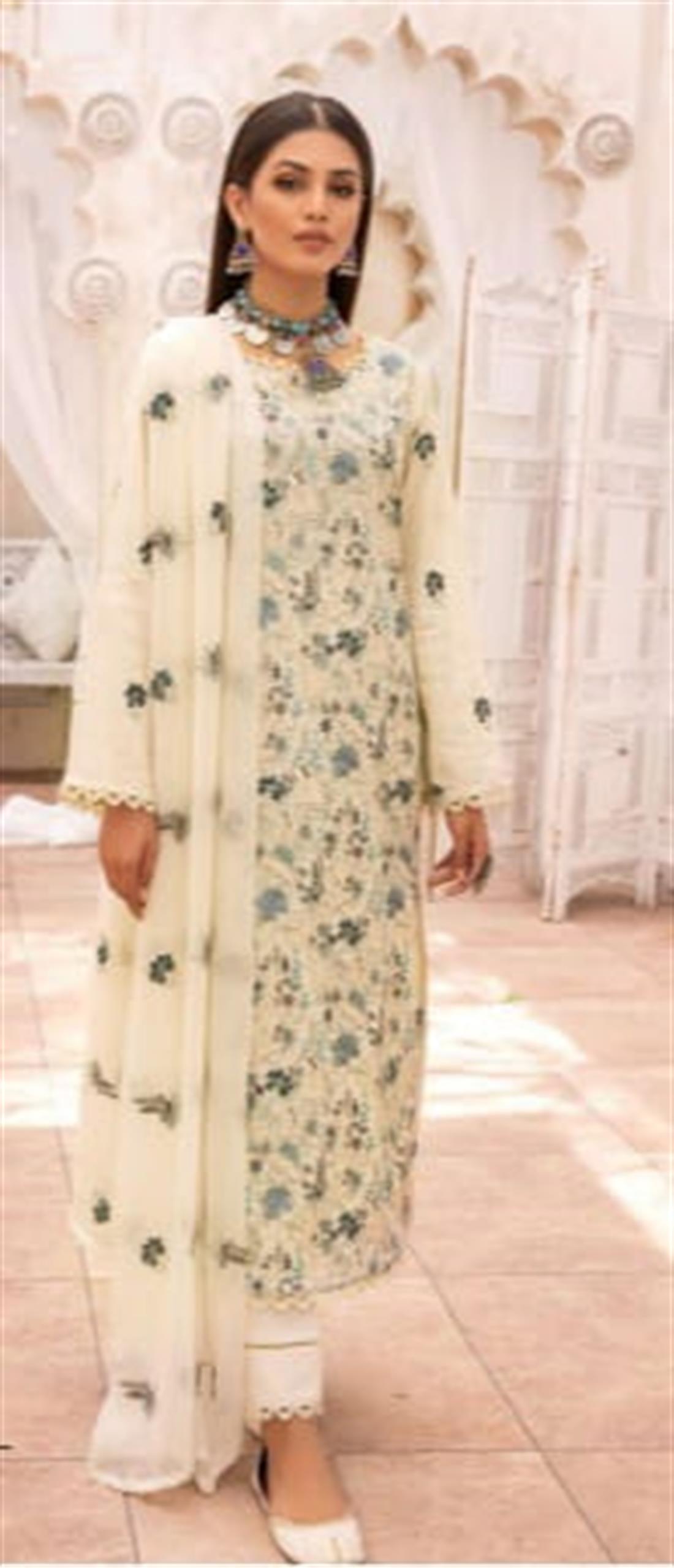 Cream & Multicolour 3 Piece Embroidered Readymade Cotton Salwar Kameez
