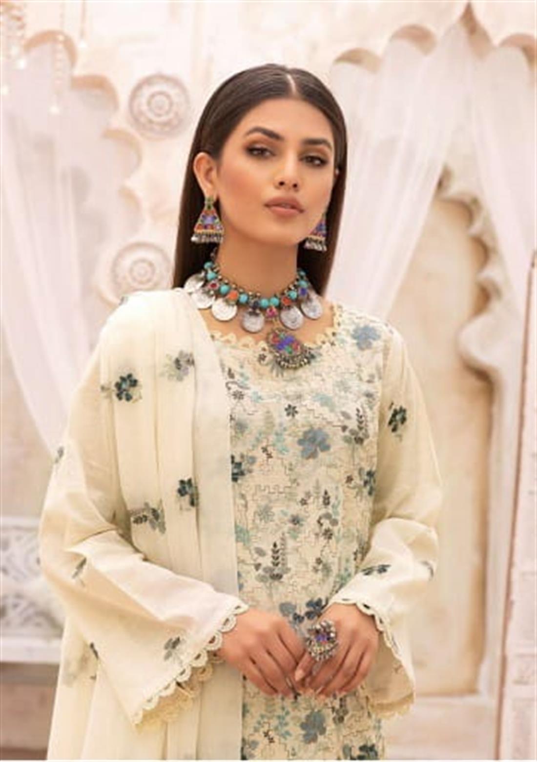 Cream & Multicolour 3 Piece Embroidered Readymade Cotton Salwar Kameez