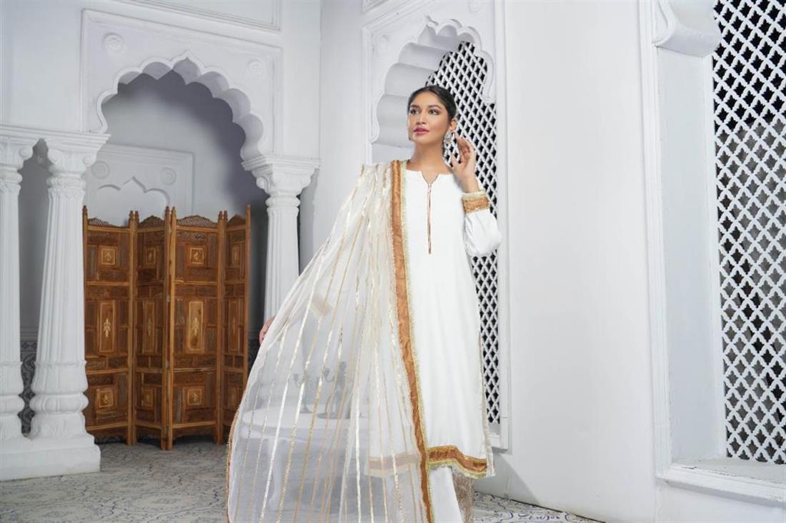 White & Brown Raw Silk 3 Piece White/Brown Readymade Salwar Suit