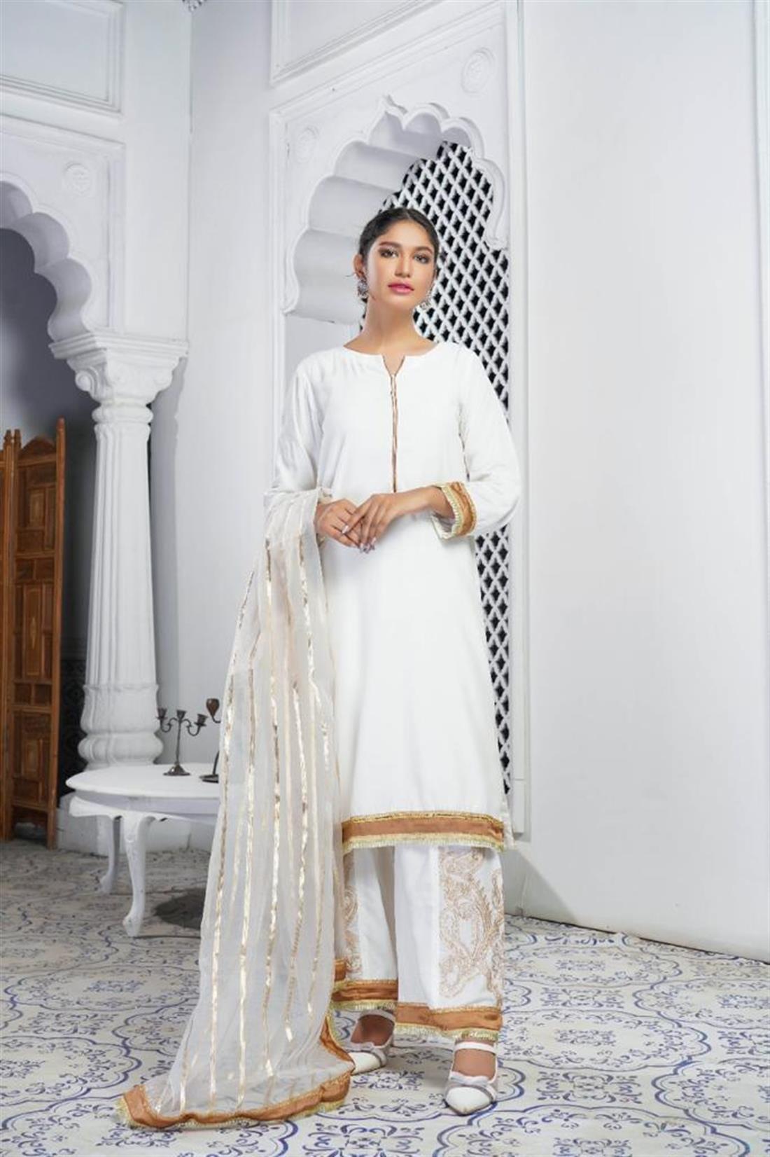White & Brown Raw Silk 3 Piece White/Brown Readymade Salwar Suit