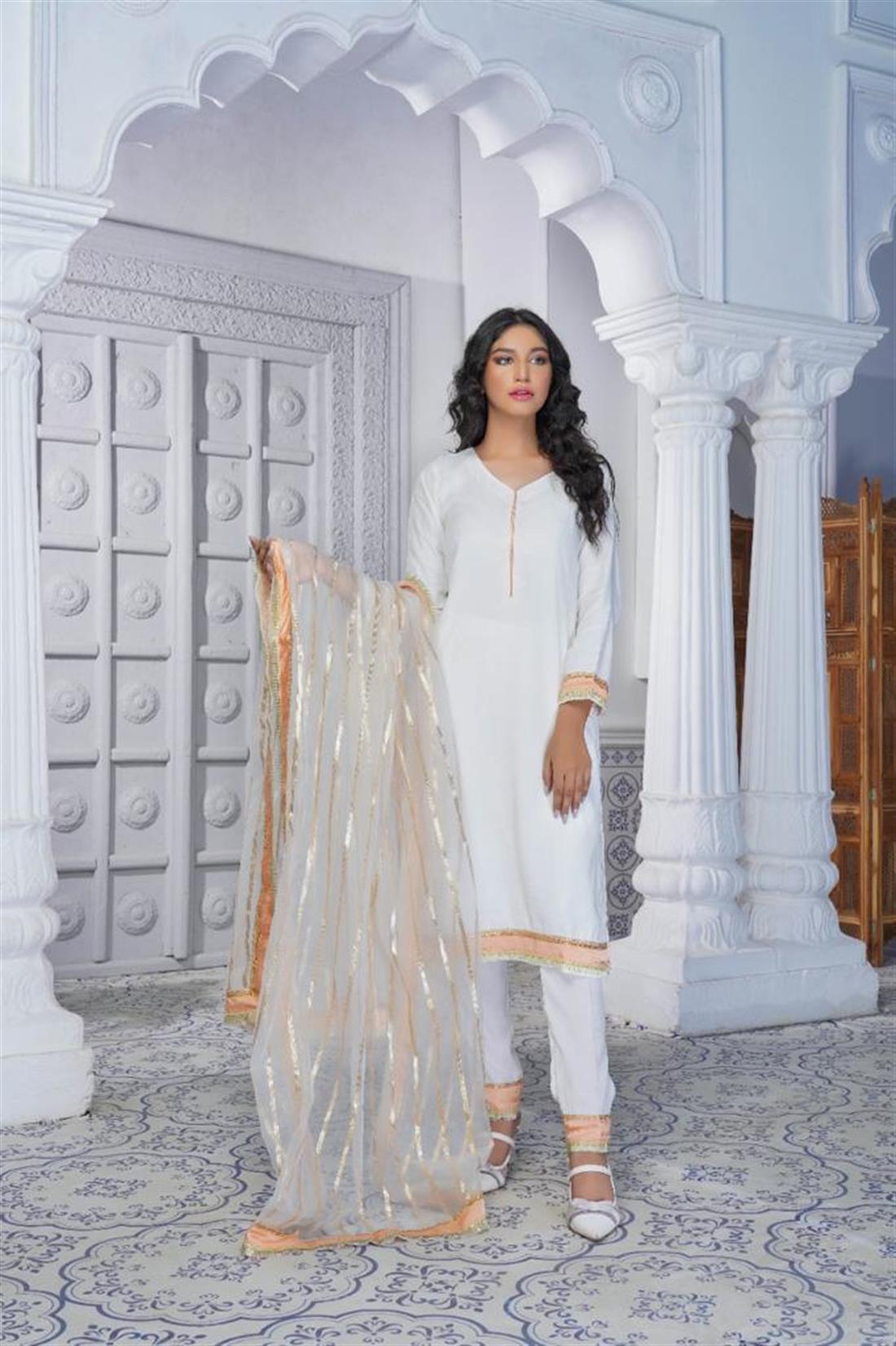 White & Peach Raw Silk 3 Piece Readymade Salwar Kameez with Dupatta
