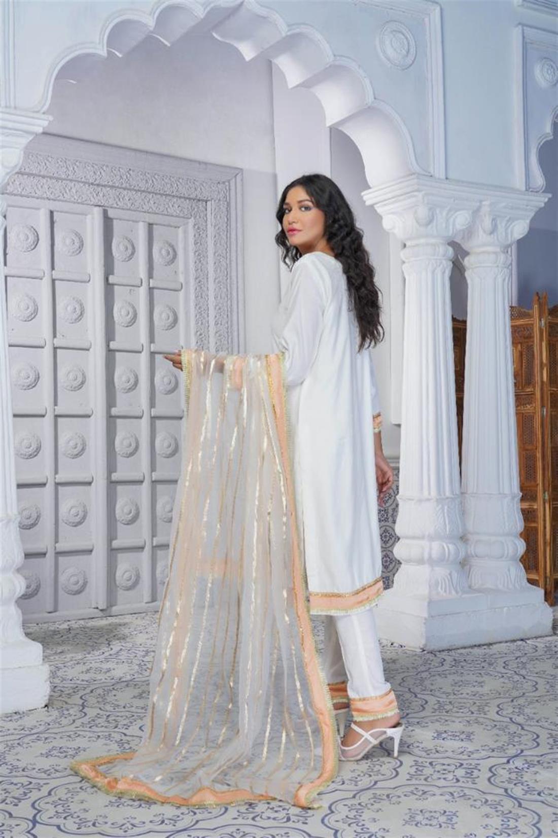White & Peach Raw Silk 3 Piece Readymade Salwar Kameez with Dupatta