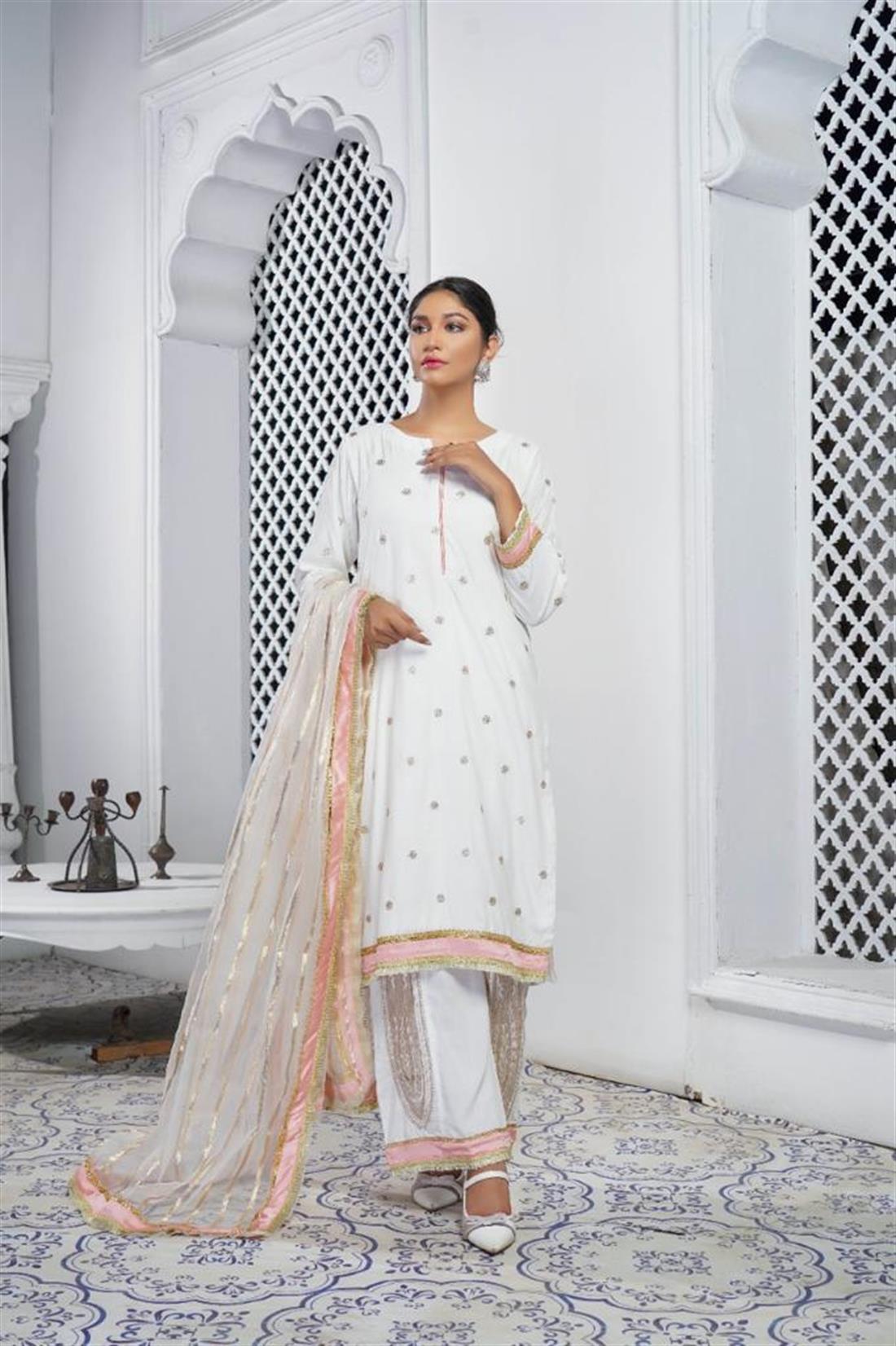 White & Pink 3 Piece Raw Silk Salwar Suite with Piping & Motif
