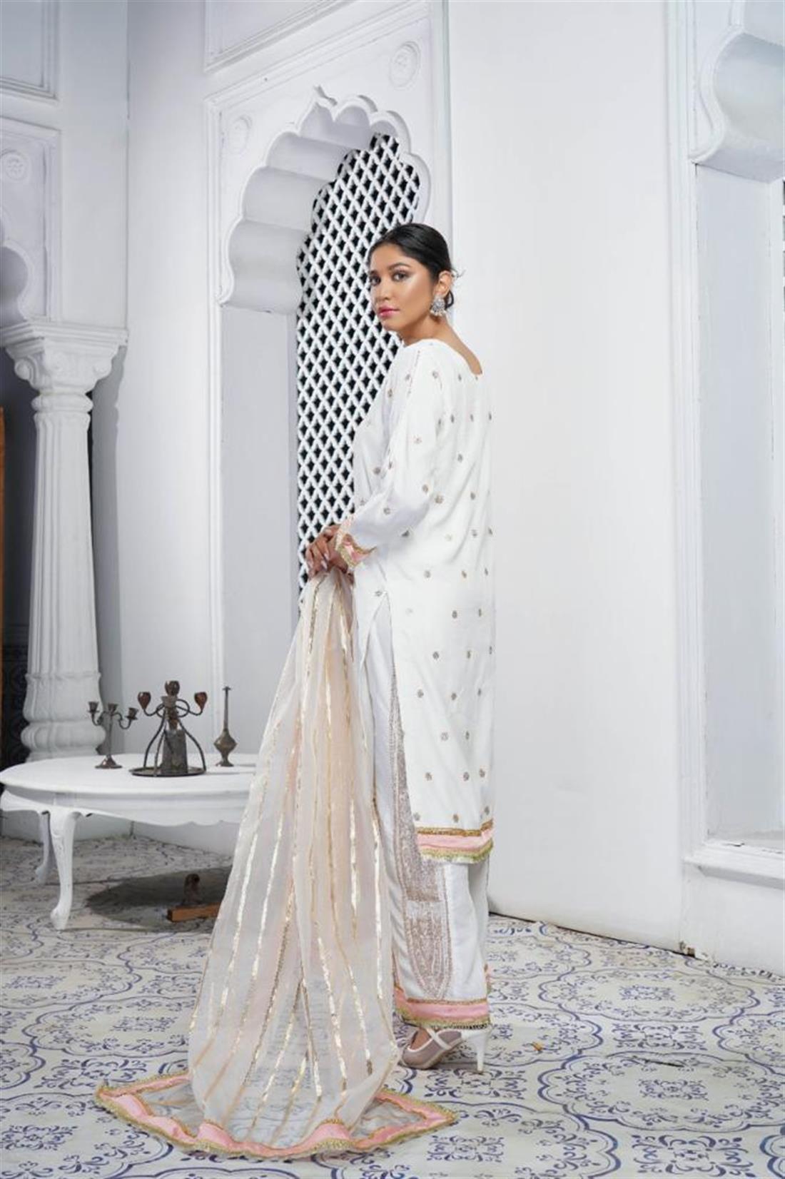 White & Pink 3 Piece Raw Silk Salwar Suite with Piping & Motif