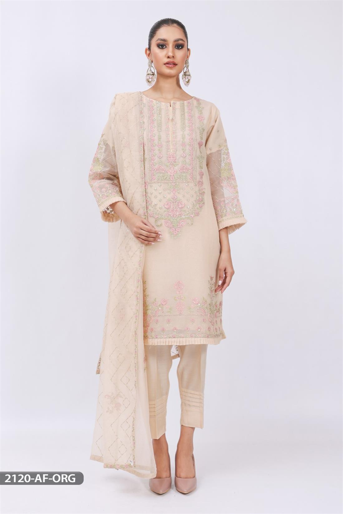 Light Peach Organza Embroidered Shaposh 3 Piece Salwar Kameez