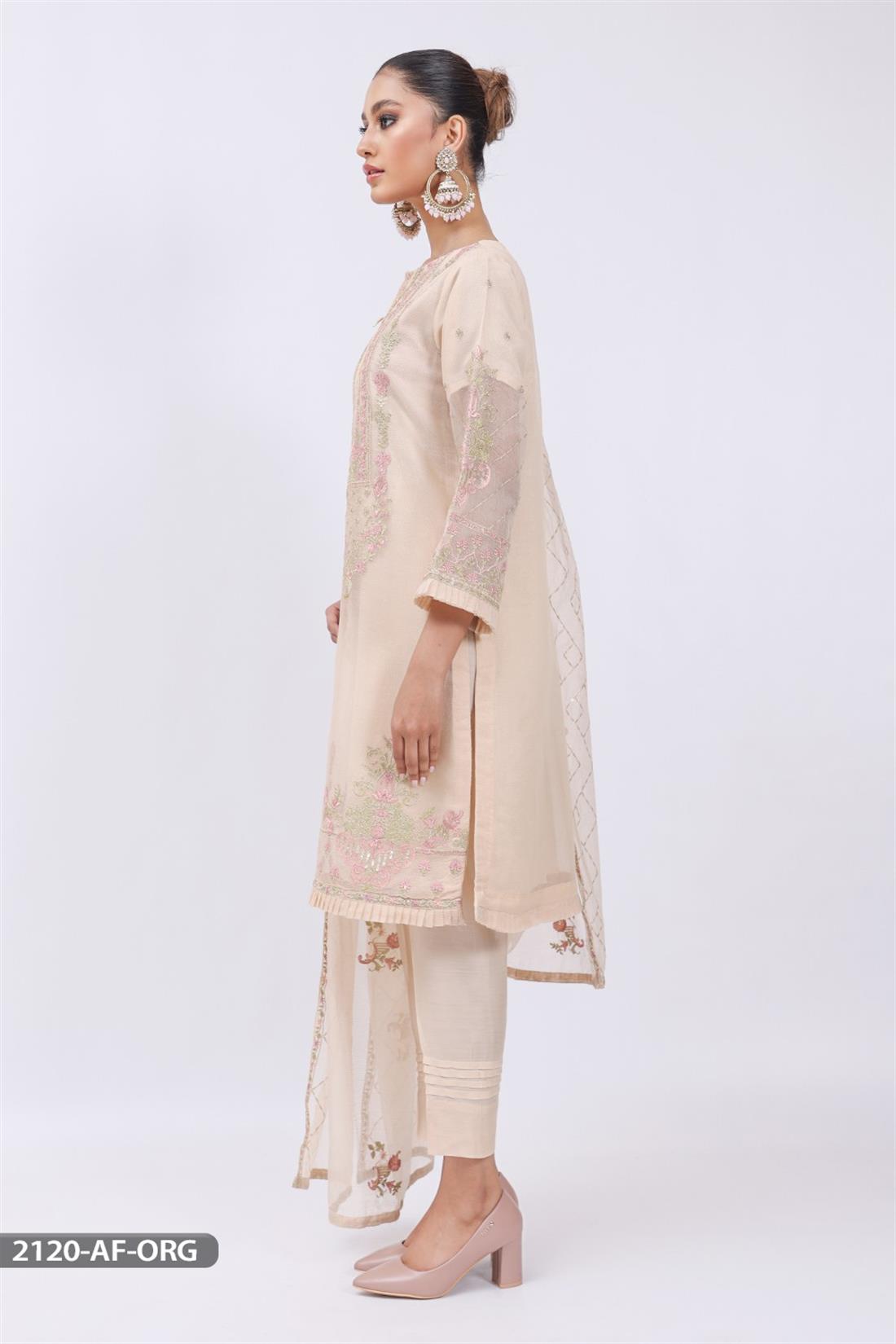Light Peach Organza Embroidered Shaposh 3 Piece Salwar Kameez