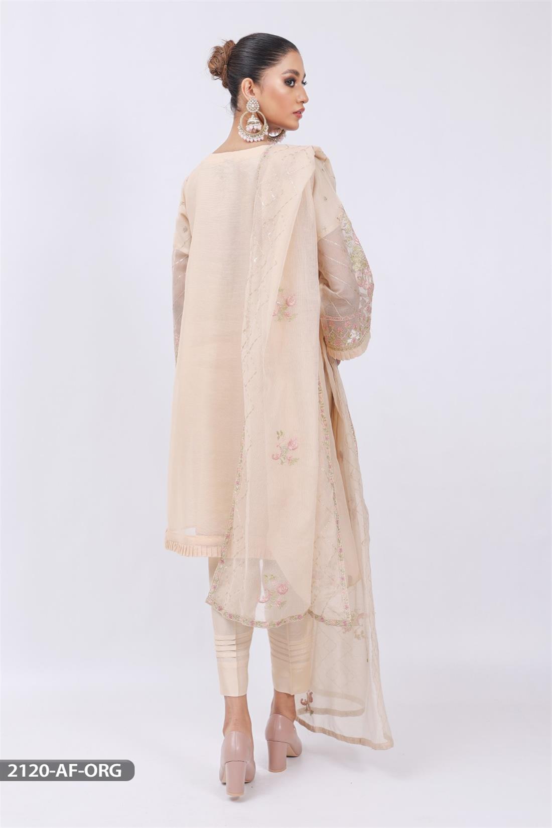 Light Peach Organza Embroidered Shaposh 3 Piece Salwar Kameez