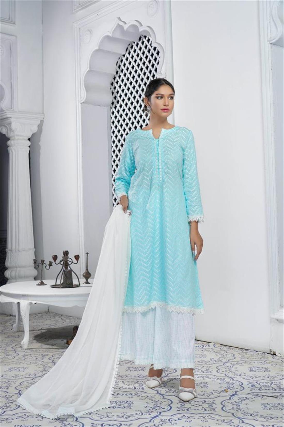 Baby Blue Chiffon Dusky Pink 3 Piece Salwar Kameez with Embroidery