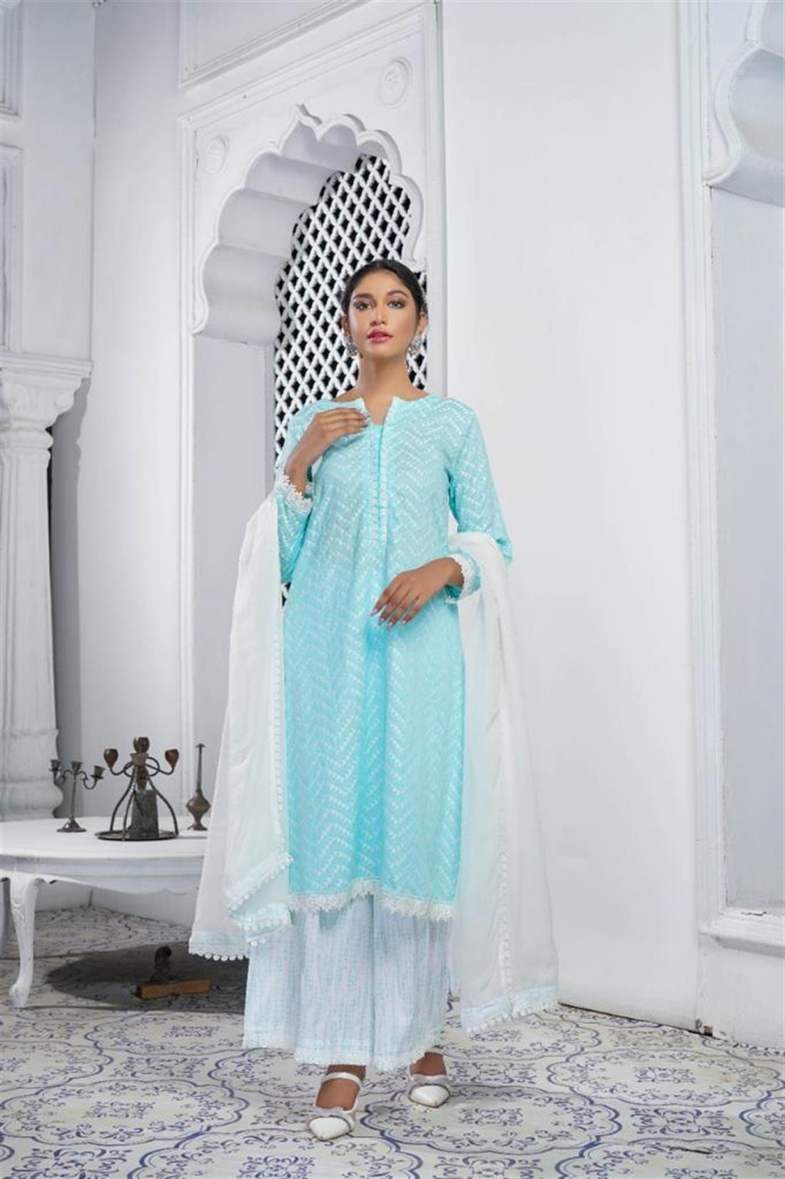 Baby Blue Chiffon Dusky Pink 3 Piece Salwar Kameez with Embroidery