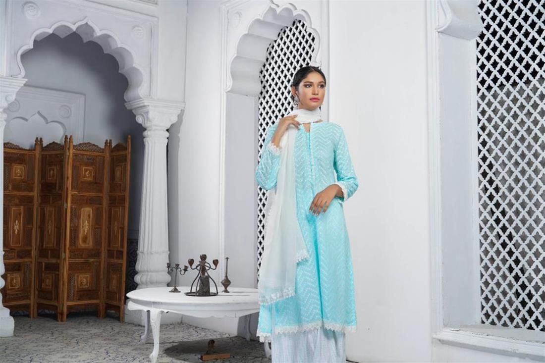 Baby Blue Chiffon Dusky Pink 3 Piece Salwar Kameez with Embroidery