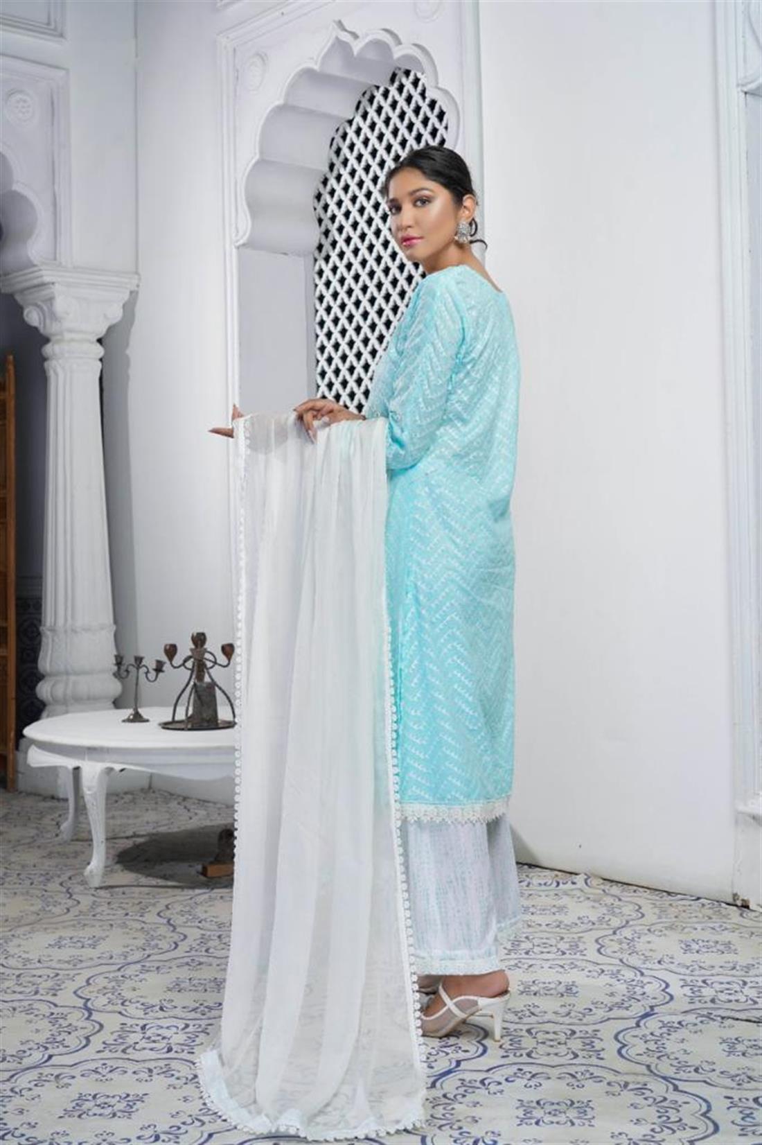 Baby Blue Chiffon Dusky Pink 3 Piece Salwar Kameez with Embroidery