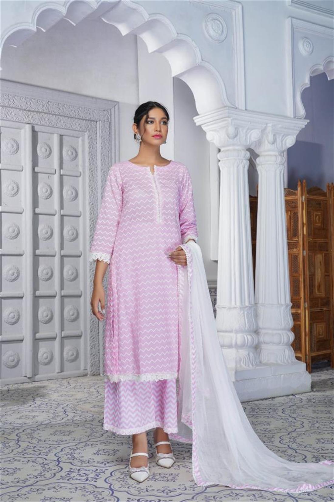 Pink Chiffon 3 Piece Suit with Thread Embroidery & Crochet Lace