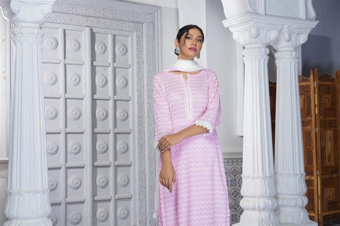 Pink Chiffon 3 Piece Suit with Thread Embroidery & Crochet Lace